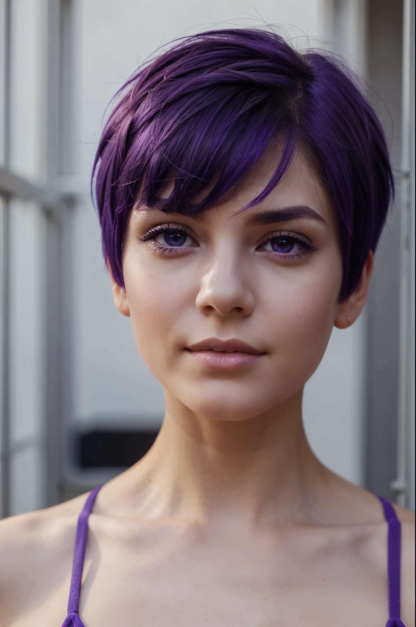Girl, with short purple hair, purple eyes, gray skin, big  boobs