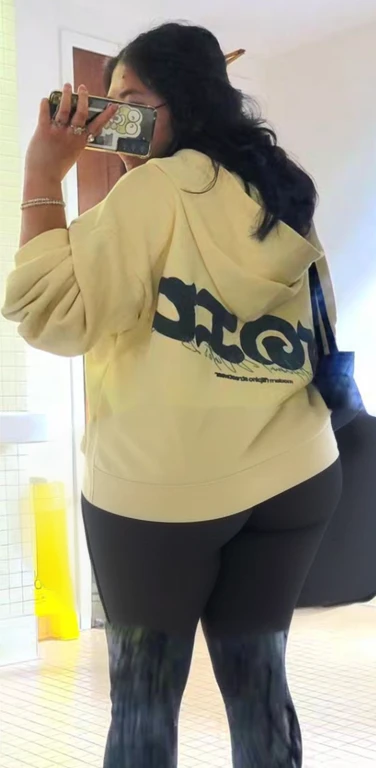 araffe taking a picture of a woman in a yellow hoodie with her ass out, beige hoodie, wearing a yellow hoodie, trending on r/streetwear, hodie mihi cras tibi, hoodie, hoody, 4 0 9 6, in a hoodie, wearing a fisher ๐งฅ, 2020, 2 0 2 0, big ass, huge ass, bbw, from behind, thick, thick thighs, wide hips, bbw, big , sideboob, giant ass, back view, big butt, round butt, tight underwear, underwear halfway off, underwear taking off, grabbing ass, ass spilling over underwear, too thick for clothes, looking left, leftwards, naked, no clothes, no pants, naked