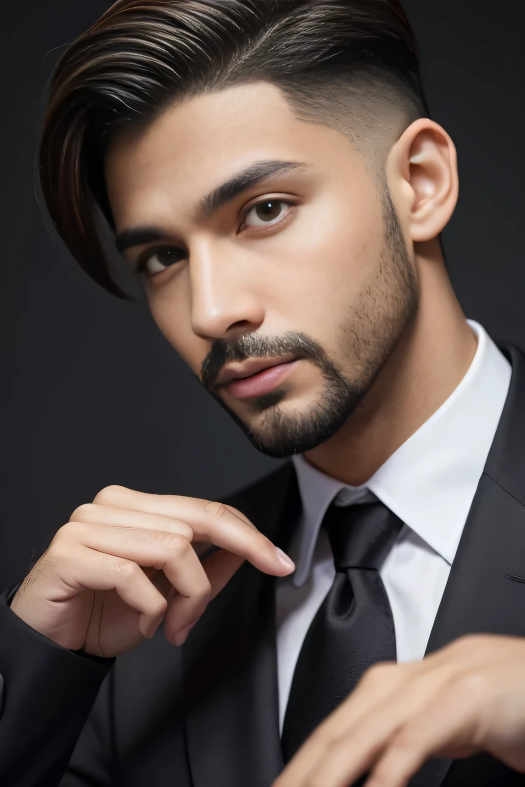 masutepiece, um homem latino, magro, de 20 anos bonito roupa de padre,, gay best quality, fotorrealista, ultra-detalhado, detalhe fino, high resolution, Papel de parede 8K, um homem Moreno com barba curta preta, cabelo castanho claro undercut, in a business suit, sharp focus, perfect dynamic composition, belos olhos detalhados, Detailed hairs, Textura de pele realista detalhada,standingn, pele morena, golden revolver in hand, magic