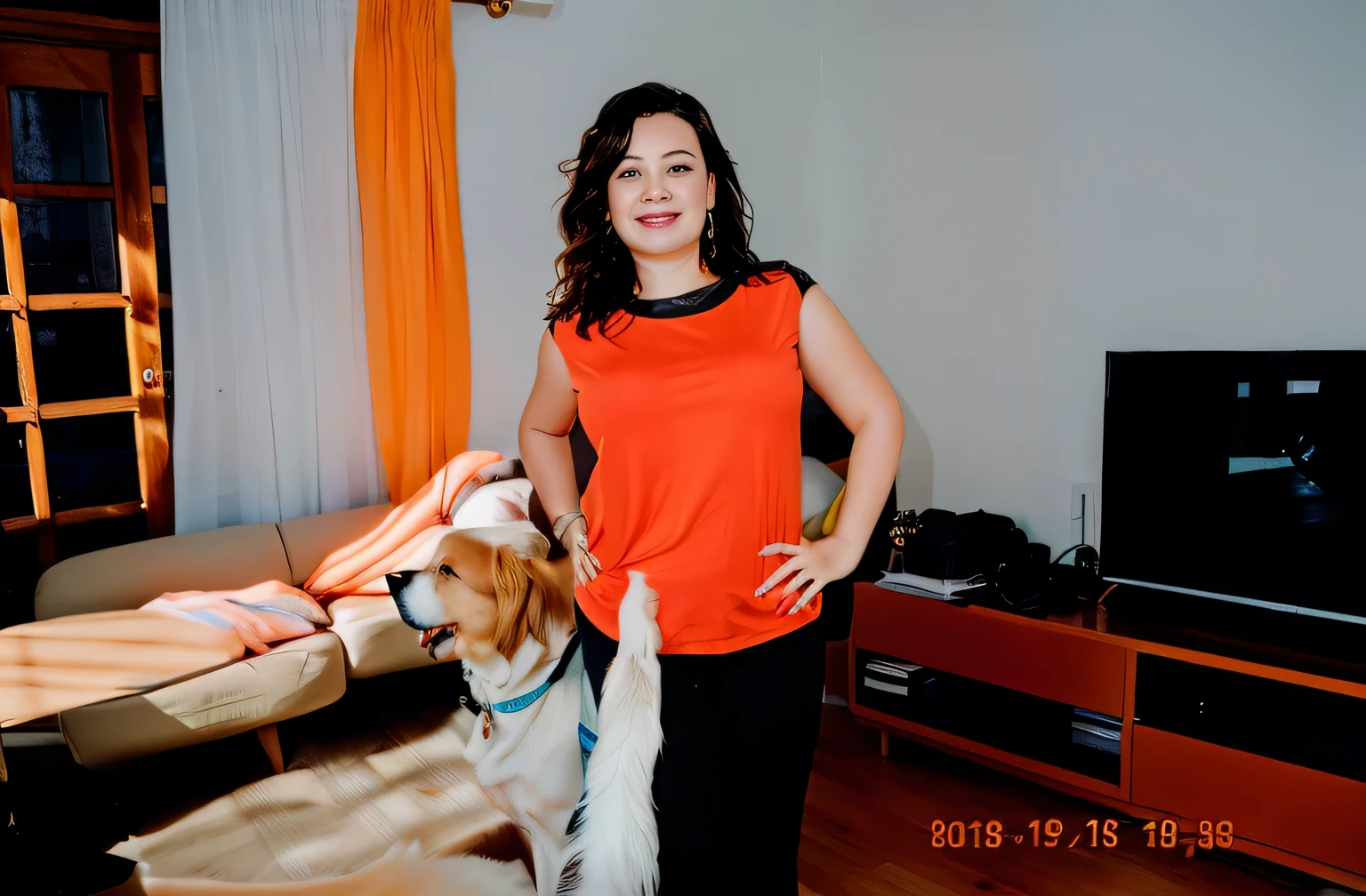 there is a woman standing in a living room with a dog, very accurate photo, with dogs, not blurry, blurry image, accidentally photographed, the photo shows a large, very coherent image, blurred photo, in orange clothes) fight, very very low quality picture, foto realista, pointing at the camera, hrushevka on background, flattering photo