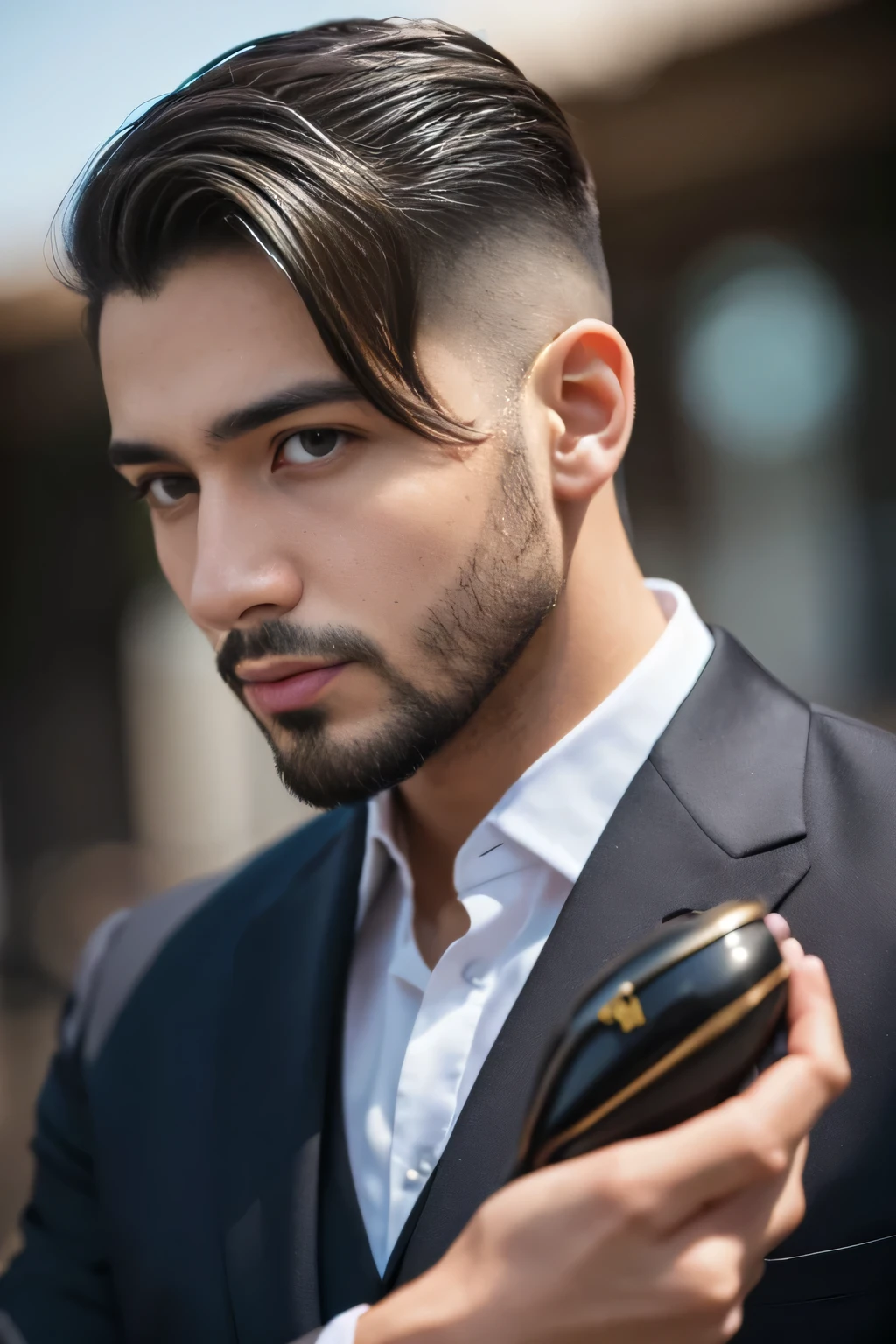 masutepiece,  um homem latino, magro, de 20 anos bonito roupa  de padre,, gay best quality, fotorrealista, ultra-detalhado, detalhe fino, high resolution, Papel de parede 8K, um homem Moreno com barba curta preta, cabelo castanho claro undercut, in a business suit, sharp focus, perfect dynamic composition, belos olhos detalhados, Detailed hairs, Textura de pele realista detalhada,standingn, pele morena, golden revolver in hand, magic