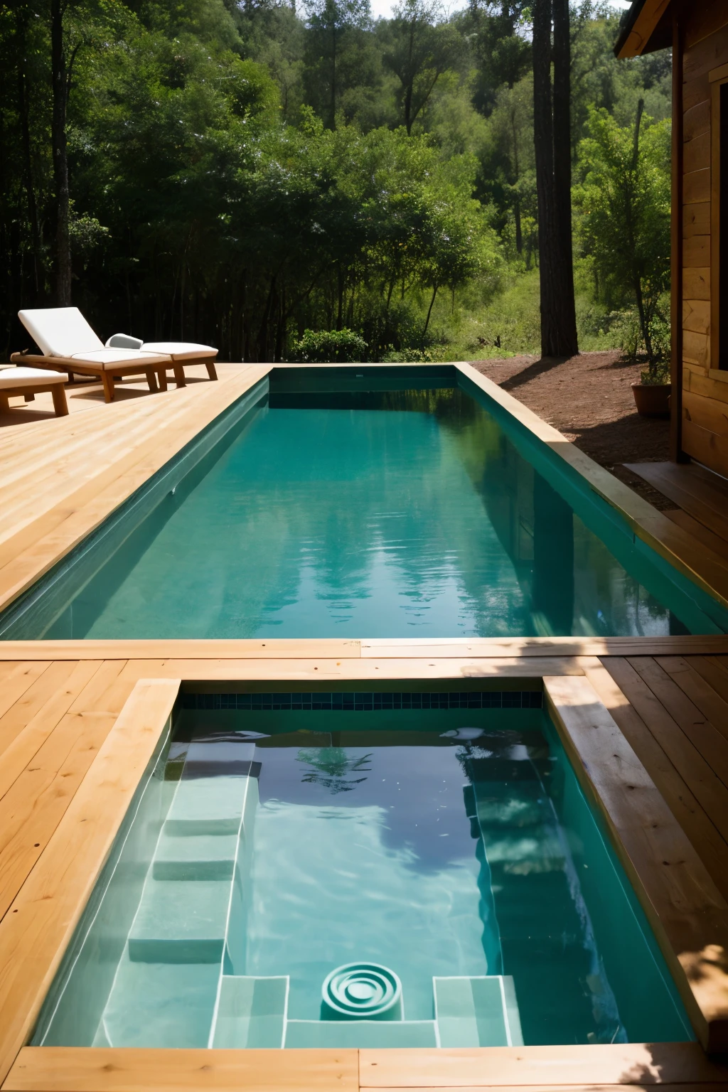 small rest cabin with organic pool without lounge chair and vegetation (renderizado)