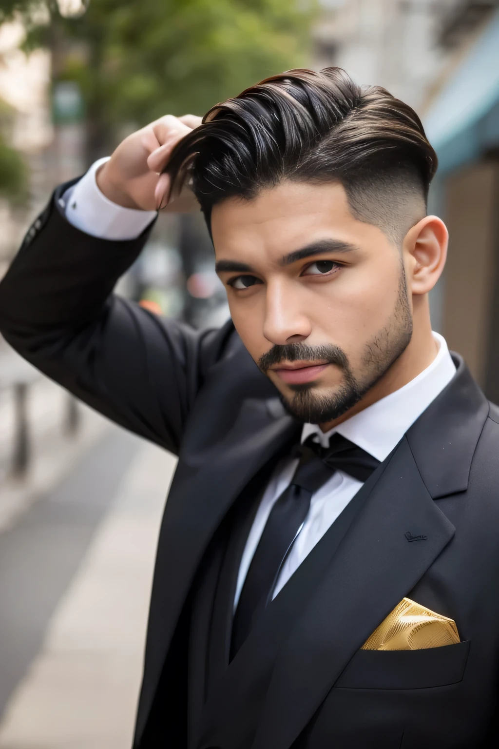 masutepiece, um homem latino, magro, de 20 anos bonito roupa de padre,, gay best quality, fotorrealista, ultra-detalhado, detalhe fino, high resolution, Papel de parede 8K, um homem Moreno com barba curta preta, cabelo castanho claro undercut, in a business suit, sharp focus, perfect dynamic composition, belos olhos detalhados, Detailed hairs, Textura de pele realista detalhada,standingn, pele morena, golden revolver in hand, magic