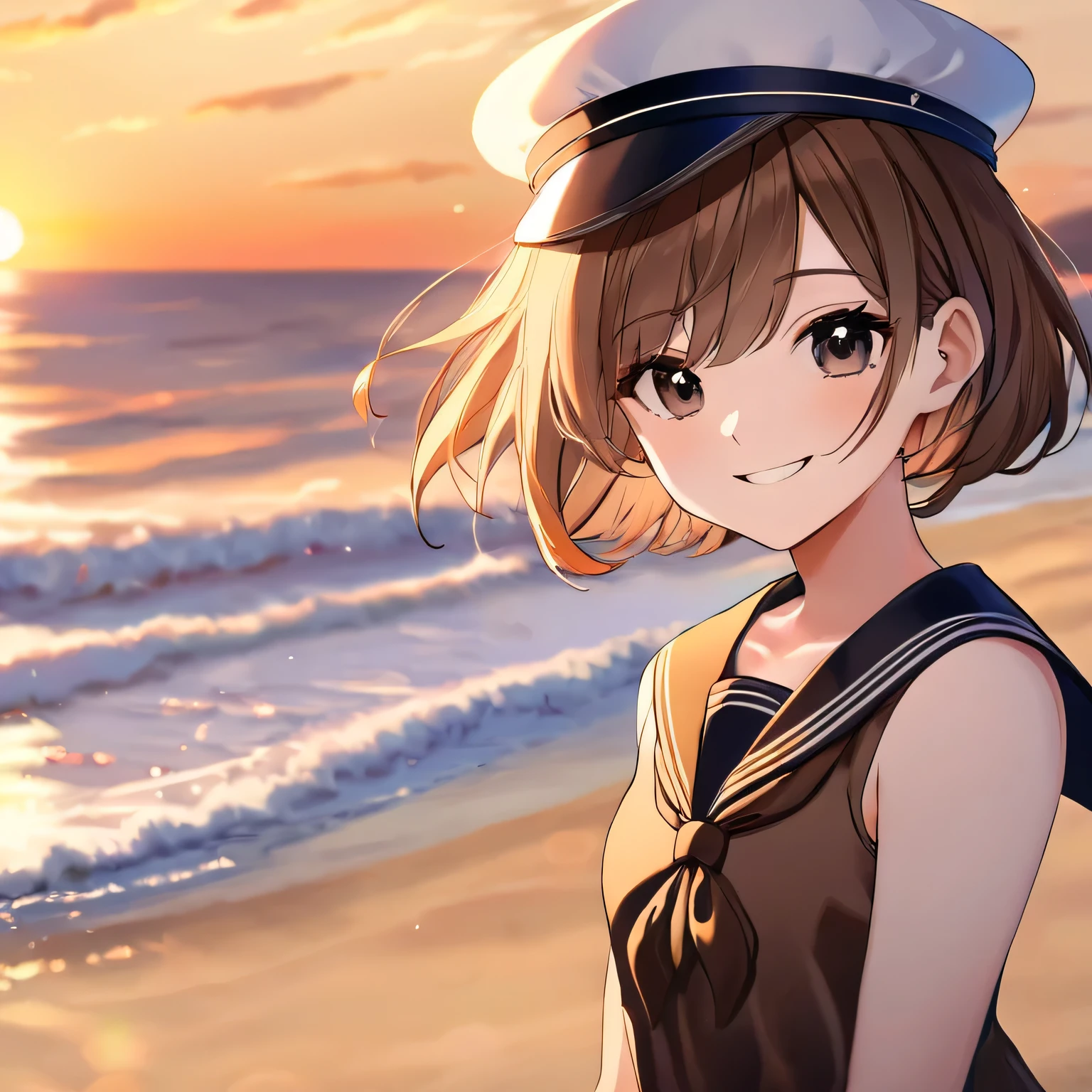 girl, short male hair, brown sailor dress with hat, black eyes, beach, sunset, smile