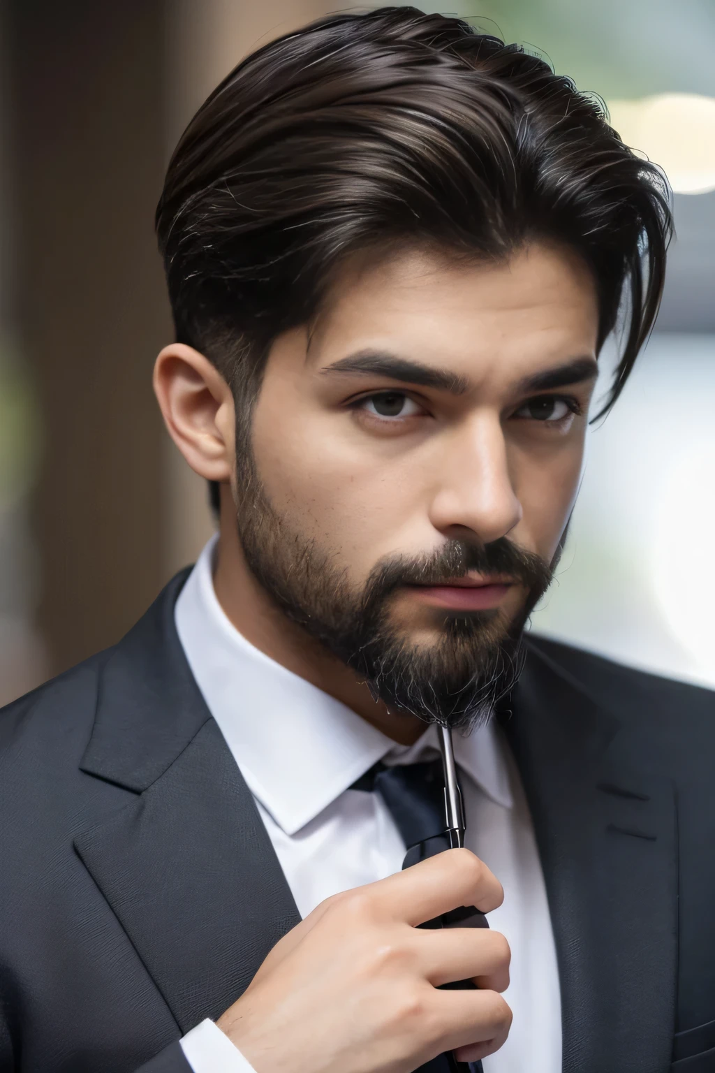 masutepiece, um homem latino, magro, de 20 anos bonito roupa de padre,, gay best quality, fotorrealista, ultra-detalhado, detalhe fino, high resolution, Papel de parede 8K, um homem Moreno com barba curta preta, cabelo castanho claro undercut, in a business suit, sharp focus, perfect dynamic composition, belos olhos detalhados, Detailed hairs, Textura de pele realista detalhada,standingn, pele morena, golden revolver in hand, magic