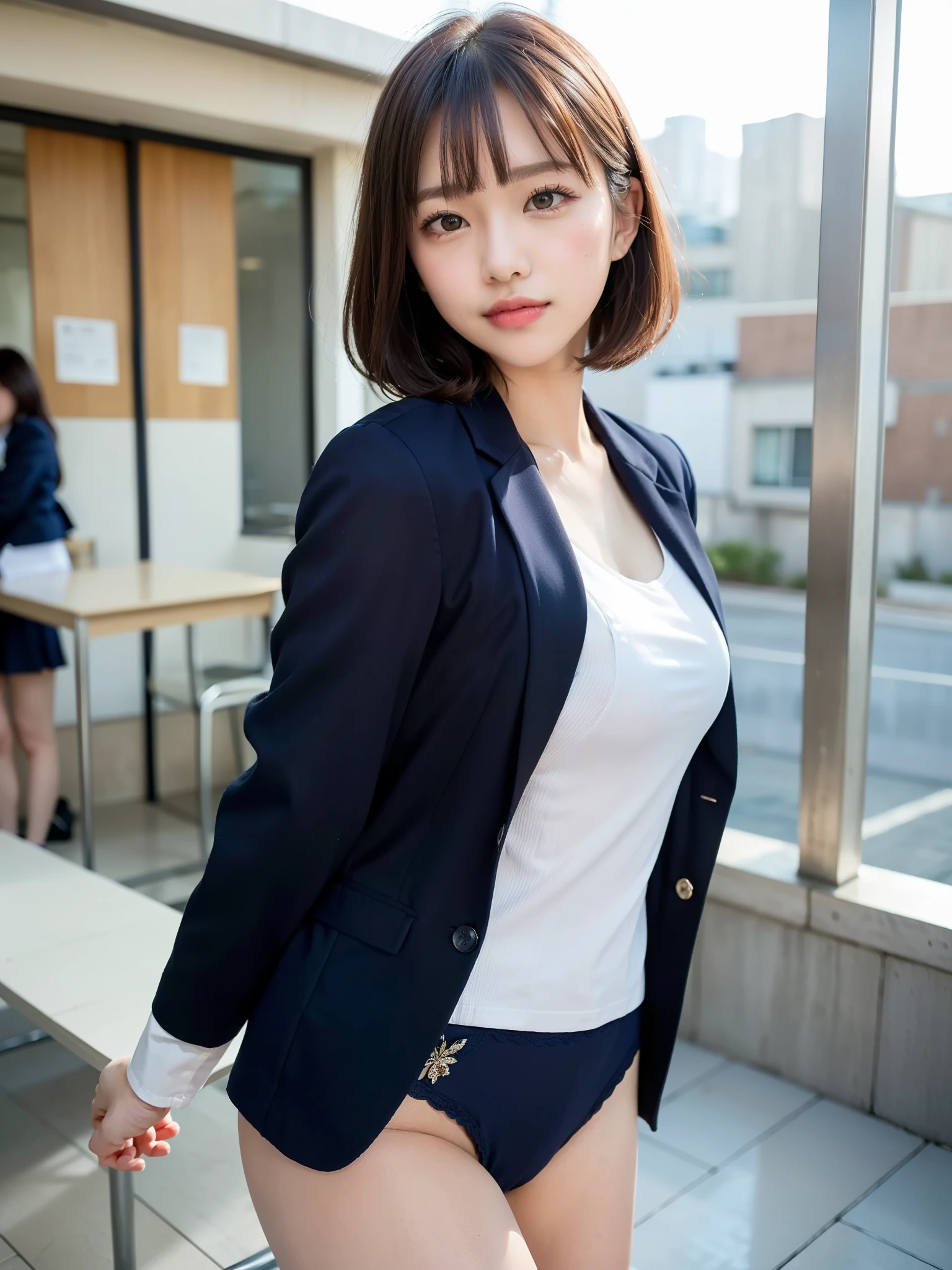 ((Best of the highest quality, 8k, Masterpiece: 1.3, raw photo)), Sharp focus: 1.2, (1 AESPA, slim body type female, 21 y/o: 1.1), (Solo: 1.2), (realistic, photo-realistic:1.37), face focus, cute face, finely eyes, (droopy eyes: 1.32), (Emphasize prominent aegyo-sal with bright: 1.2), shimmering eyeshadow applied under the lower lash line, paired with thick, (from behind: 1.16), (small breasts, flat chest, Thigh: 1.3), (short bob, bangs: 1.2), (wearing navy blazer and shirt of school uniform, panties: 1.32), walking terrace office, sun light, flower