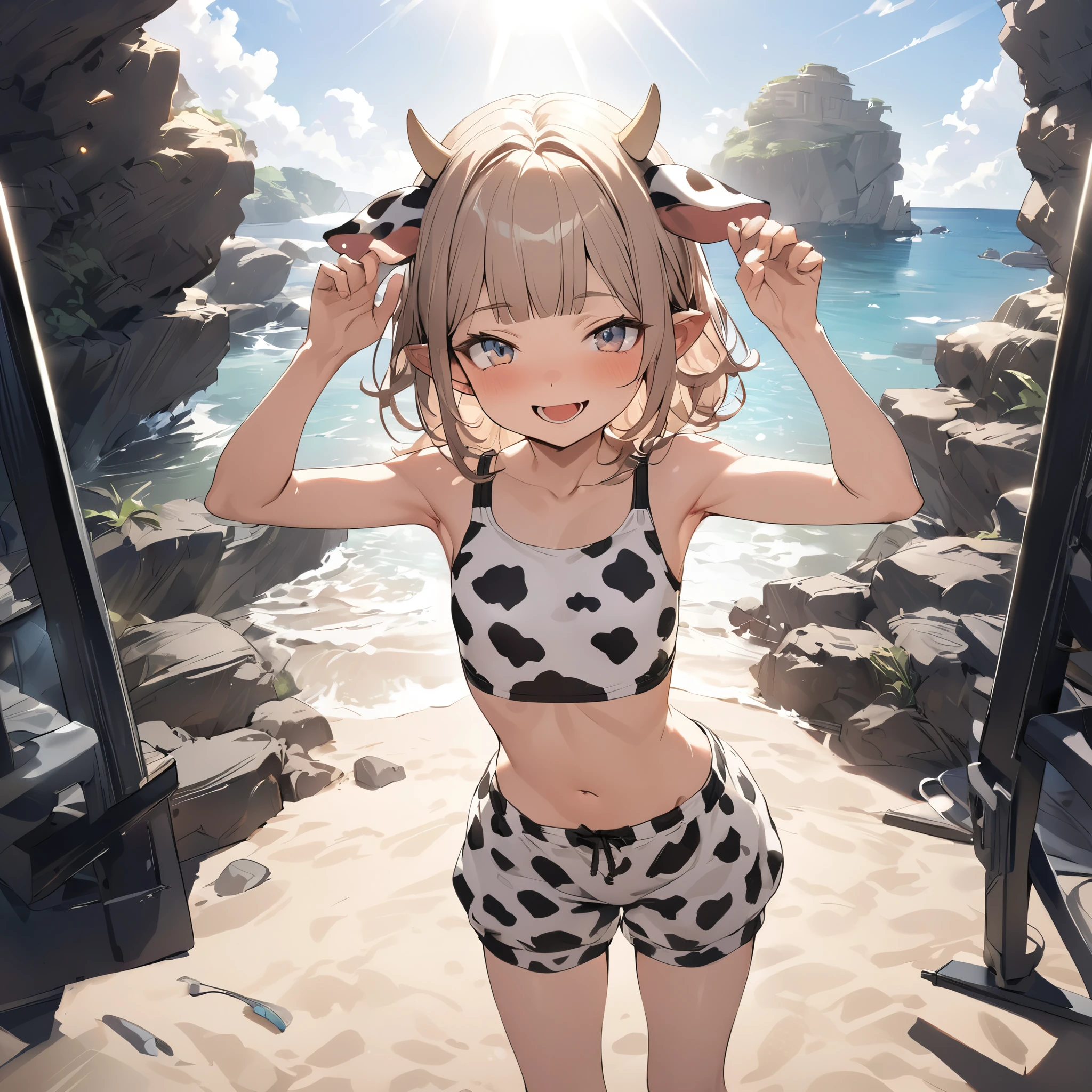 ((Masterpiece)), ((best quality)), (Anime:1.4), (super detail:1.2), (High Definition:1.3), (Professional Photography:1.3), (wide shot), (sharp focus), (perfect light), (()), 1girl, ((wearing Cow-patterned tanktop)), fluffy shorts, cinematic lighting, Textured skin, messy hair, (loose blunt bangs), teenage girlalthy stomach, (Healthy slim body), small breasts, cute eyes, ((naughty face)), (open mouth), (put on cow ears), pale brown hair, Cute Beautiful girl, Thin accessories, ((triumphant pose)), (on the Beautiful beach)