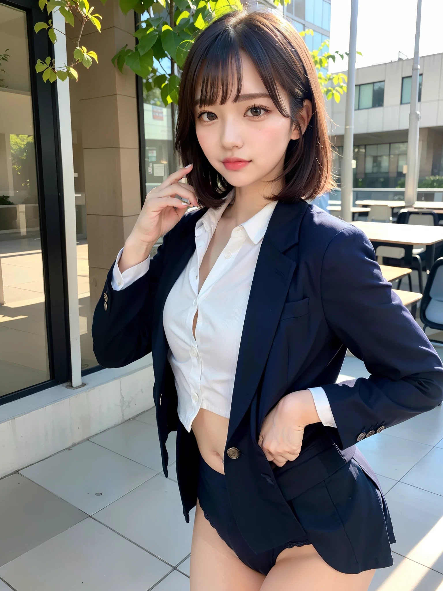 ((Best of the highest quality, 8k, Masterpiece: 1.3, raw photo)), Sharp focus: 1.2, (1 AESPA, slim body type female, 21 y/o: 1.1), (Solo: 1.2), (realistic, photo-realistic:1.37), face focus, cute face, finely eyes, (droopy eyes: 1.32), (Emphasize prominent aegyo-sal with bright: 1.2), shimmering eyeshadow applied under the lower lash line, paired with thick, (from behind: 1.16), (small breasts, flat chest, Thigh: 1.3), (short bob, bangs: 1.2), (wearing navy blazer and shirt of school uniform, panties: 1.32), walking terrace office, sun light, flower