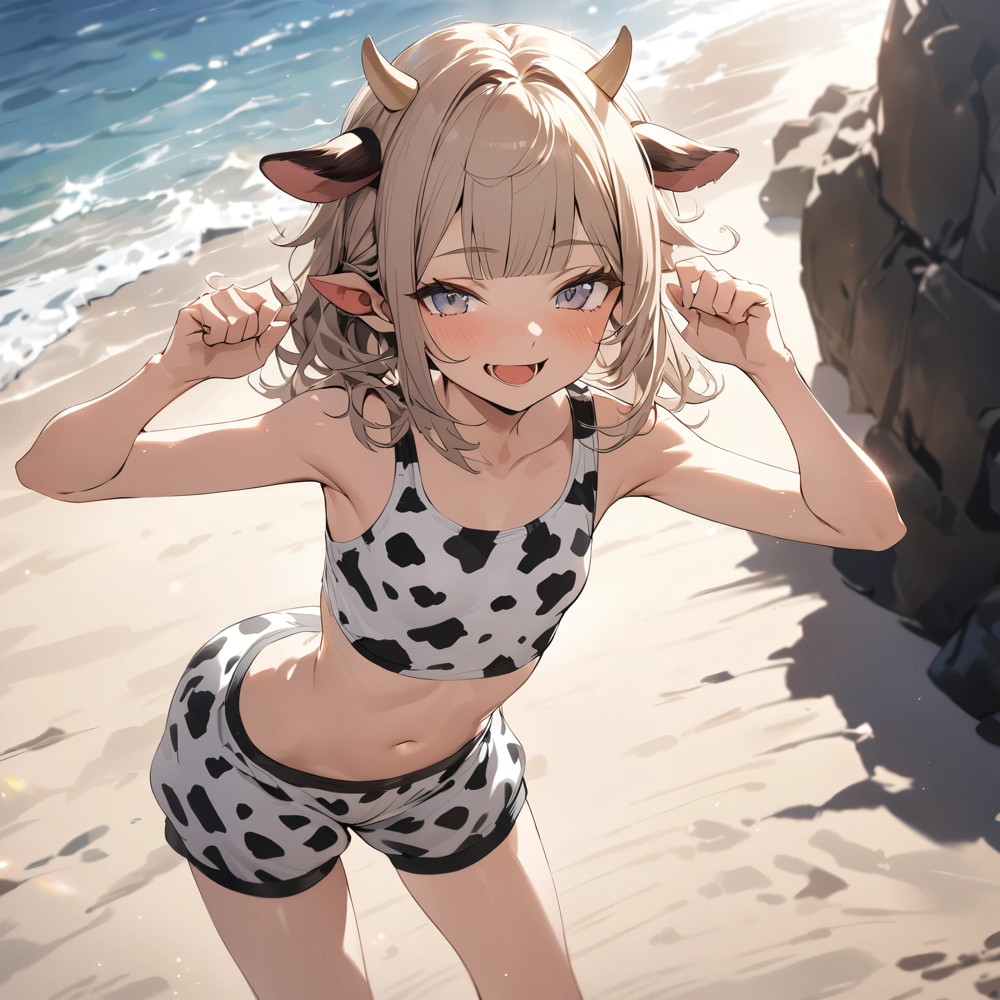 ((Masterpiece)), ((best quality)), (Anime:1.4), (super detail:1.2), (High Definition:1.3), (Professional Photography:1.3), (wide shot), (sharp focus), (perfect light), (()), 1girl, ((wearing Cow-patterned tanktop)), fluffy shorts, cinematic lighting, Textured skin, messy hair, (loose blunt bangs), teenage girlalthy stomach, (Healthy slim body), small breasts, cute eyes, ((naughty face)), (open mouth), (put on cow ears), pale brown hair, Cute Beautiful girl, Thin accessories, ((triumphant pose)), (on the Beautiful beach)