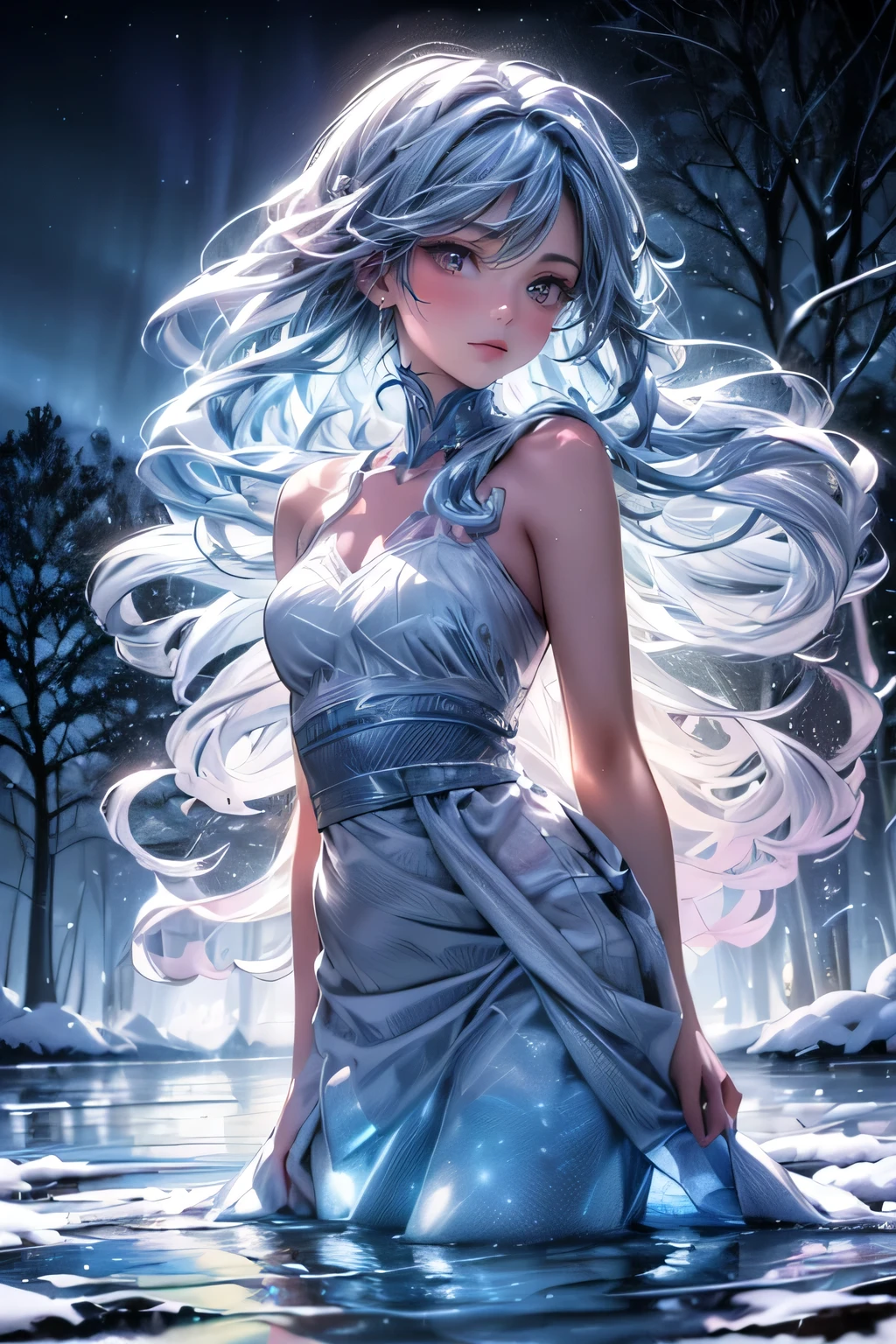 raw photo:1.2, masterpiece, highest quality, 16k, unbelievably absurd, very detailed, perfect beauty, (double exposure vibrant colors silhouette:1.3), (layered vibrant colors silhouette:1.2), (snow world photo scenery), snowflakes, starry sky with aurora, flowing towel, flowy long hair, (lake:1.2), (realistic photo scenery), (moonlight), (girl wearing towel),