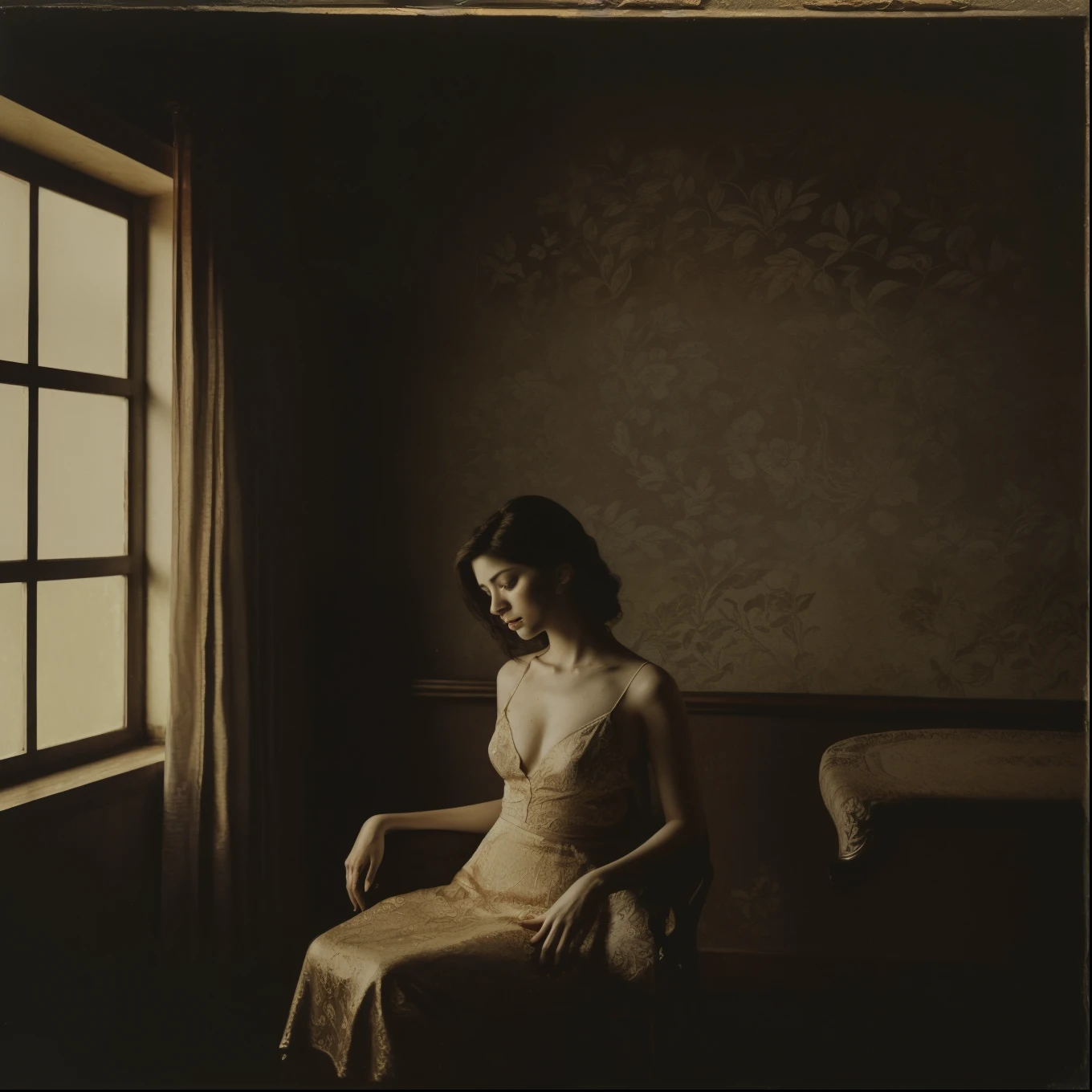 In the signature style of "ai Jonas," where every image resonates with a profound sense of nostalgia and intimate beauty, this acrylic painting captures a moment frozen in the sultry allure of 1994. The scene depicts a voluptuous woman, her lush endowments accentuated by the soft, warm tones of the acrylic medium. She is seated in a cozy, dimly lit room that exudes the aesthetic of the mid-90s—velvet drapes, floral-patterned wallpaper, and a vintage rotary phone resting on a wooden side table. Her gaze is captivating, a blend of mystery and seduction, inviting the viewer to ponder her story. The light filters through a nearby window, casting a golden glow that highlights her curves and adds depth to the rich textures of the painting. The subtle play of light and shadow on her form and the surrounding room creates an atmosphere thick with nostalgia and longing. This painting, with its meticulous detail and evocative use of color, captures the essence of a bygone era and the timeless allure of its subject. It tells a story of beauty, desire, and the quiet moments that linger in memory. The viewer is invited to step into this intimate scene, to feel the warmth of the room, the softness of the light, and the lingering echo of the past, all captured in the nostalgic embrace of 1994.