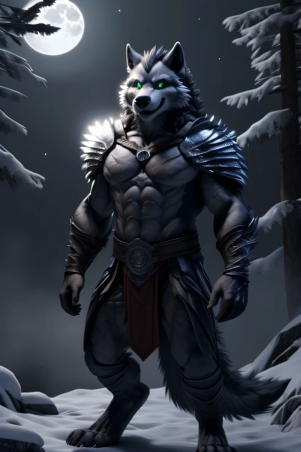 (By Artistic_Lupine, by Nightshade_Wolf, by Howl_and_Hemlock)
Detailed, masterpiece, ultra-realistic, full body, Lobo - the werewolf knight, muscular physique, gray fur, piercing green eyes, red scleras, mild fang showing, in a regal, noble pose, standing against a moonlit forest backdrop, skillfully rendered in Unreal Engine, trending on ArtStation, intricate details, high-detailed face, body, and fur, dramatic lighting, a soft, ethereal glow emanating from the full moon above, expressive eyes, a hint of a smile