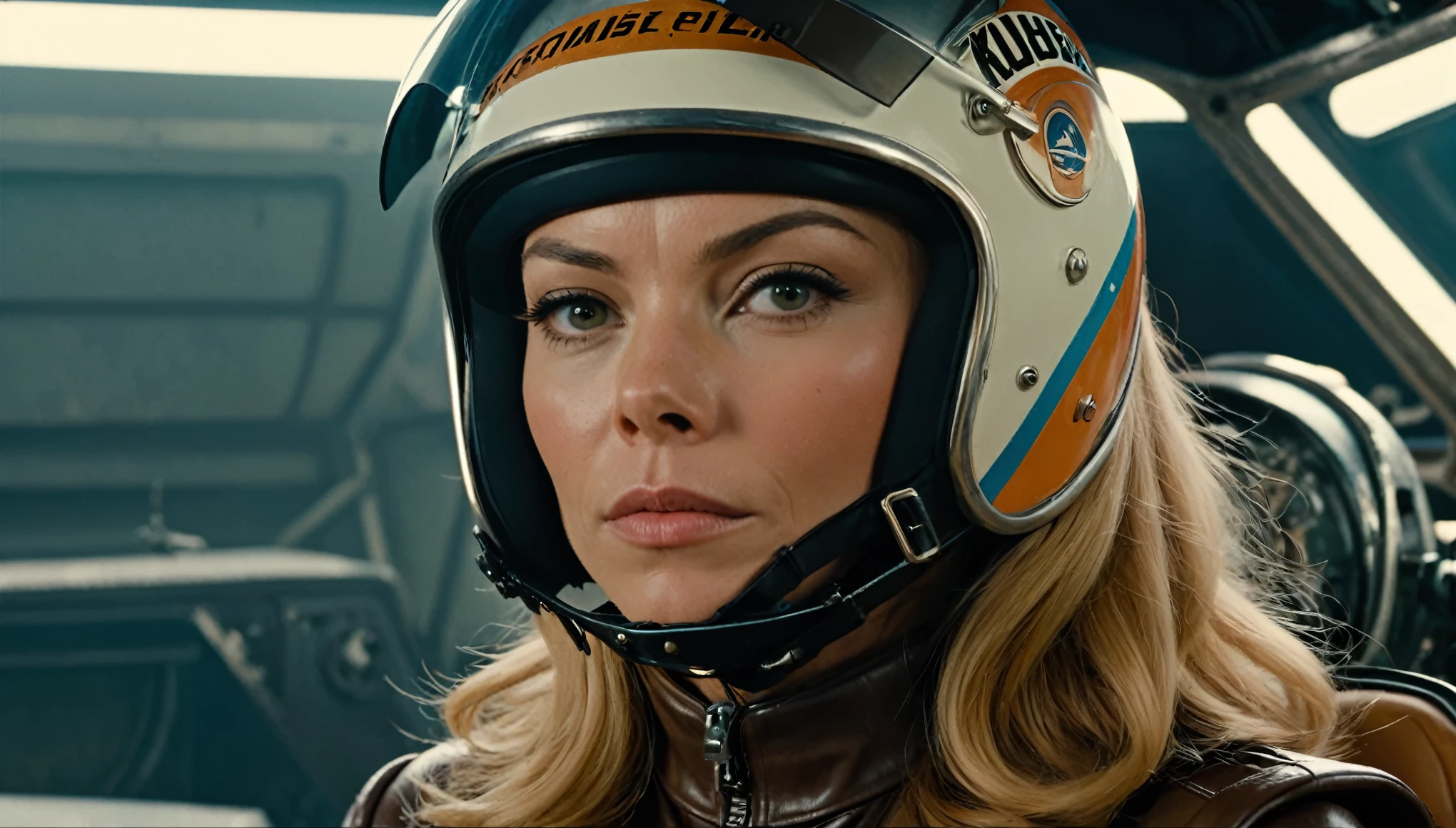 a close up of a woman in a helmet and a helmet on, 2 0 2 1 cinematic 4 k framegrab, barbarella, by lauren german, fighter pilot in the cockpit, moody : : wes anderson, retro photography, furious gorgeous woman, sixties, faster, awarded on cgsociety, pompadour, nascar, 2015 cinematography