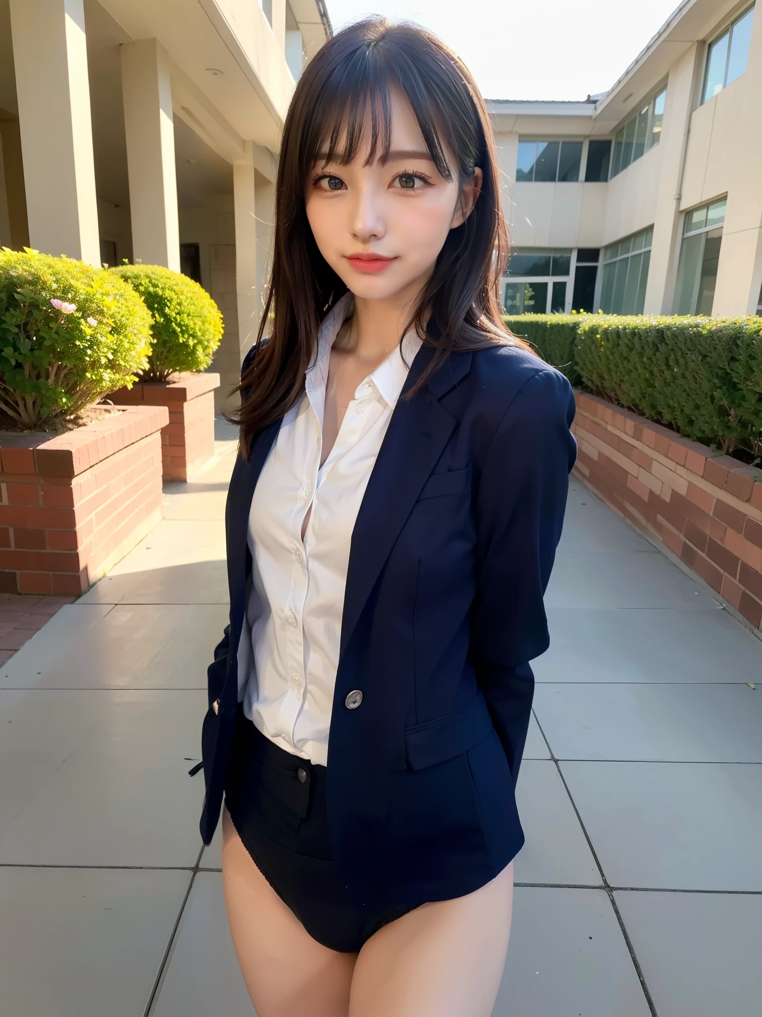 ((Best of the highest quality, 8k, Masterpiece: 1.3, raw photo)), Sharp focus: 1.2, (1 AESPA, slim body type female, 21 y/o: 1.1), (Solo: 1.2), (realistic, photo-realistic:1.37), face focus, cute face, finely eyes, (droopy eyes: 1.32), (Emphasize prominent aegyo-sal with bright: 1.2), shimmering eyeshadow applied under the lower lash line, paired with thick, (from behind: 1.16), (small breasts, flat chest, Thigh: 1.3), (short messy hair, bangs: 1.2), (wearing navy blazer and shirt of school uniform, panties: 1.32), walking terrace office, sun light, flower