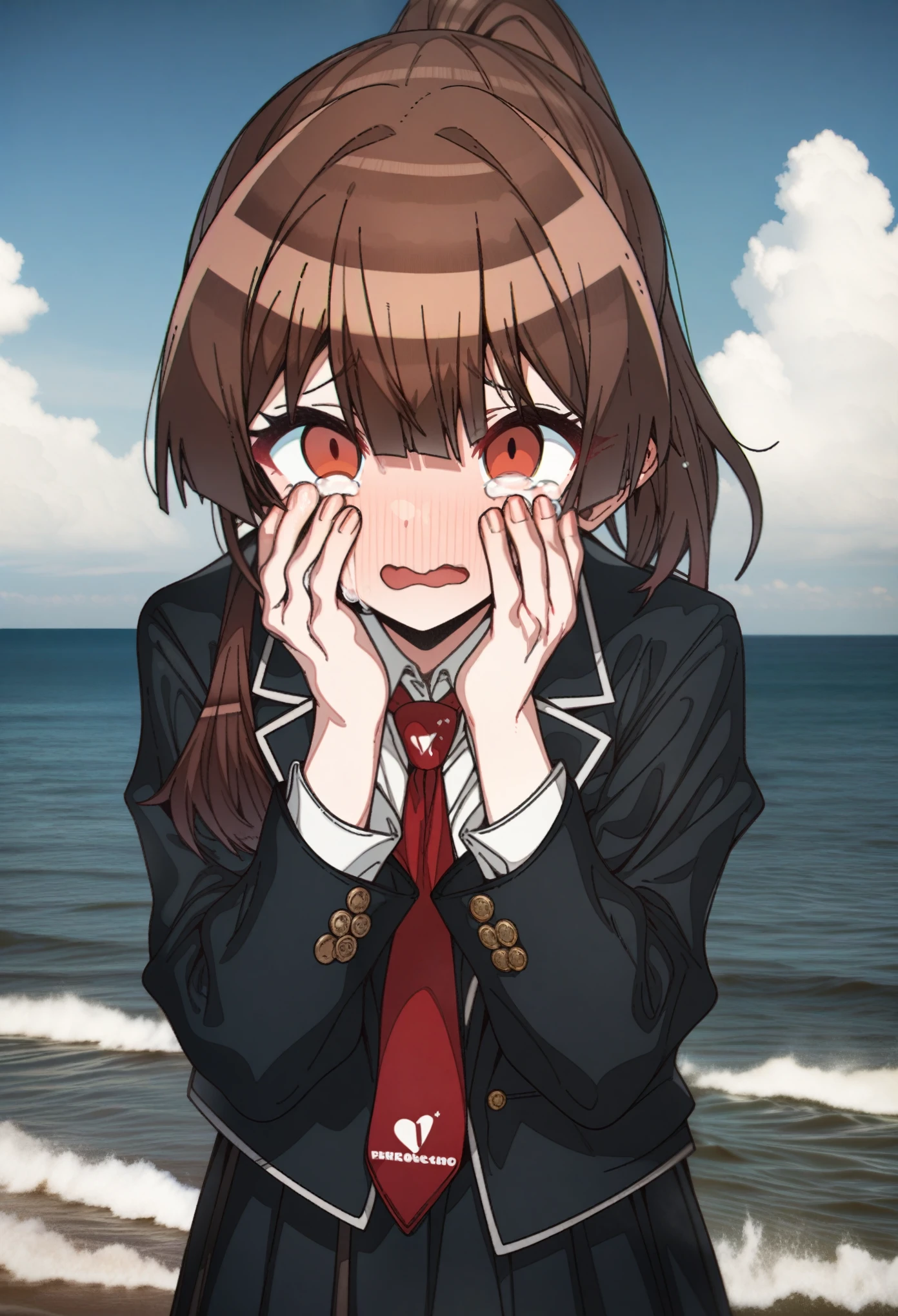 Houshou_marine with brown hair and hazel eyes, Artist, erere, Copyrights, idolmaster, idolmaster_shiny_colors, Character, General, 1girl, brown_hair, medium_breasts, breasts, long side_bangs, ponytail, detailed eyelashes, beautiful girl:1, hazel_eyes, censored, clouds, detailed background, school_uniform, black skirt, black blazer, black_sleeves, pleated skirt:1.2, blazer, red tie, medium shot photography:1.1, standing in middle:1.1, sea, sky:1.5, round_eyes, detailed, outdoors, looking_at_viewer, masterpiece, best_quality, great_quality, girl, solo, center_composition, centered character, cute, tears, crying, wide-eyed, empty_eyes, sad, hands_on_face
