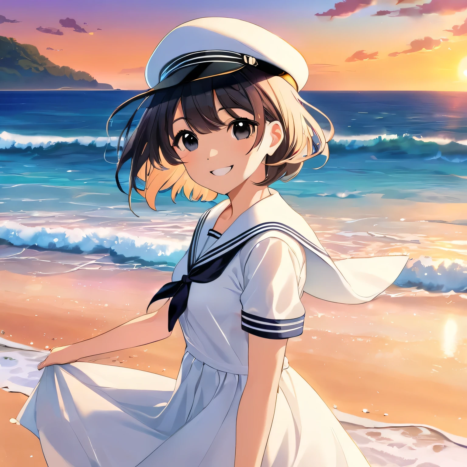 girl, short hair, white sailor dress with hat, black eyes, beach, sunset, smile