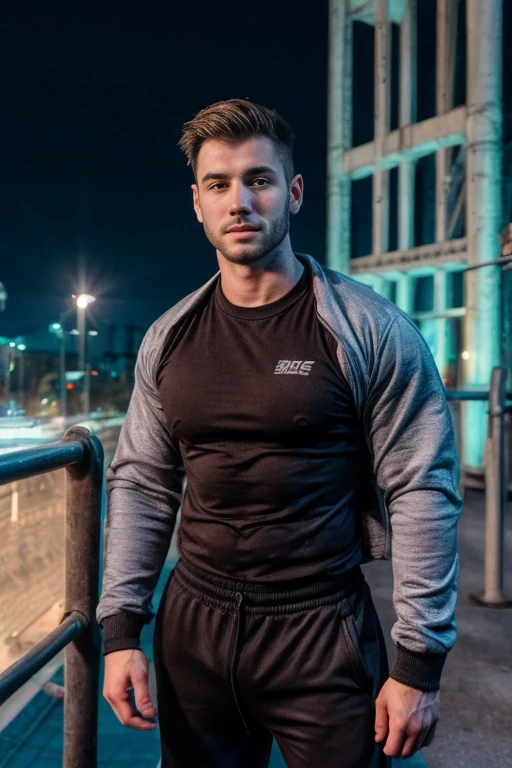 25-year-old man, man wears black gym pants, man wears purple shirt and gray jacket over it, there's a blue motorcycle in the background, night vision, cyberpunk background, he's on top of a bridge, thin and defined man, handsome man, man, 24