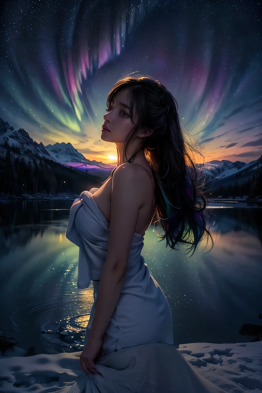 raw photo:1.2, masterpiece, highest quality, 16k, unbelievably absurd, very detailed, perfect beauty, (double exposure vibrant colors silhouette:1.3), (layered vibrant colors silhouette:1.2), (snow world photo scenery), snowflakes, starry sky with aurora, flowing towel, flowy long hair, (lake:1.2), (realistic photo scenery), (moonlight), (girl wearing towel), 