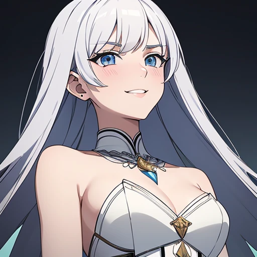 {{{masterpiece}}}, {{{best quality}}}, {{ultra-detailed}}, {illustration}, {{an extremely delicate and beautiful}}, extremely detailed CG, best quality, detailed, super detailed anime,(((Noble women is 20yars old))),silver hair,medium breasts,potbelly,white skin,((staring eyes)),(((sharp eyes))),upper eyelashes,lower eyelashes,((sharp eyebrows)),cool beauty,blush,dress,fearless smile