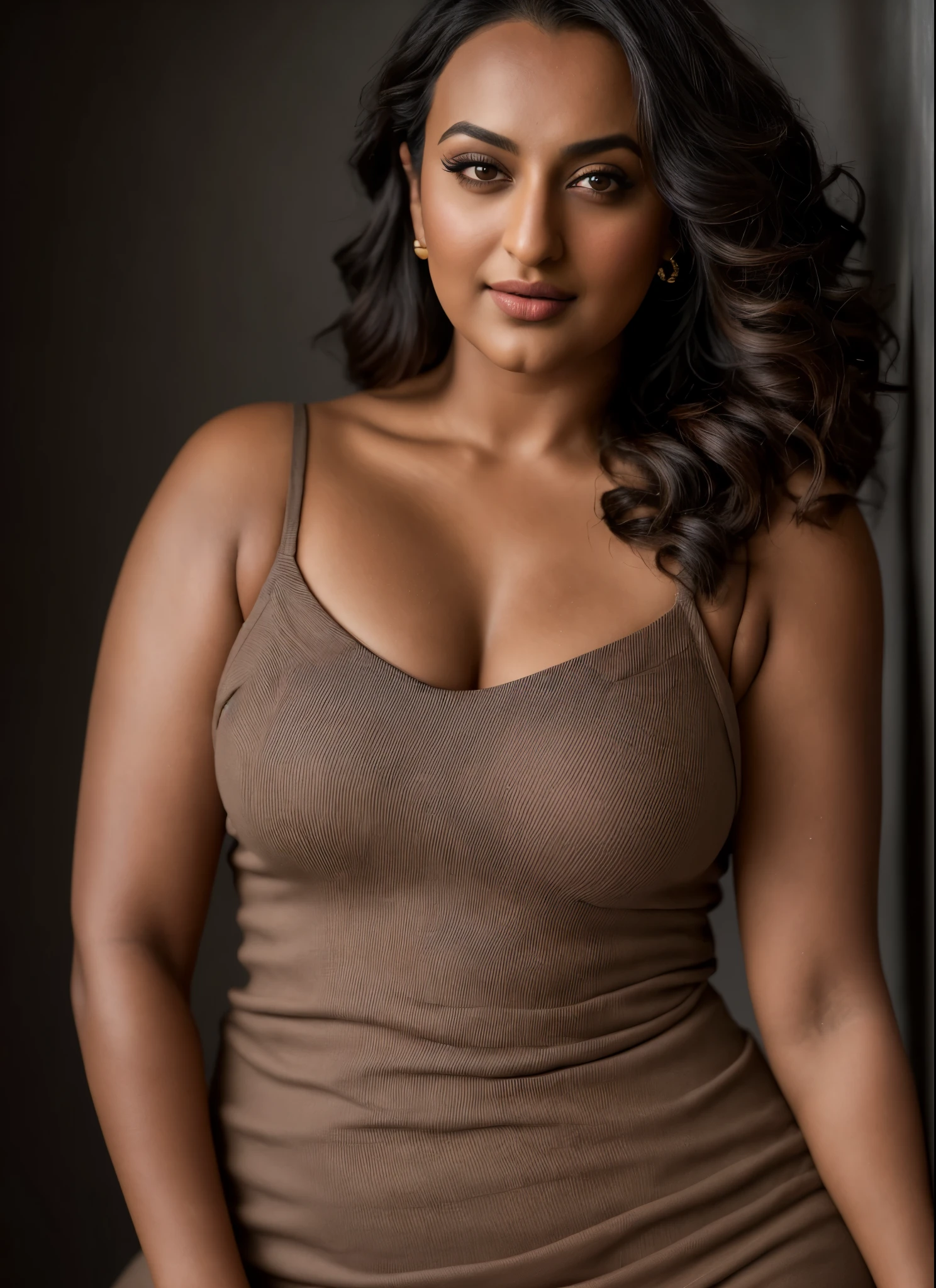 Looks like Sonakshi Sinha, a photo portrait of a beautiful girl 40 years old, mommy figure, fleshy figure, with curls, styled black hair, (face portrait:1.5), dramatic light, Rembrandt lighting scheme, bust shot, linen tank top , top quality editorial photograph, skin texture, skin pores, chocolate skin, high quality skin, top quality photography, professional photography, professional retouching, insane detailing, warm moody tones, modern clothes, highly detailed armpits, 