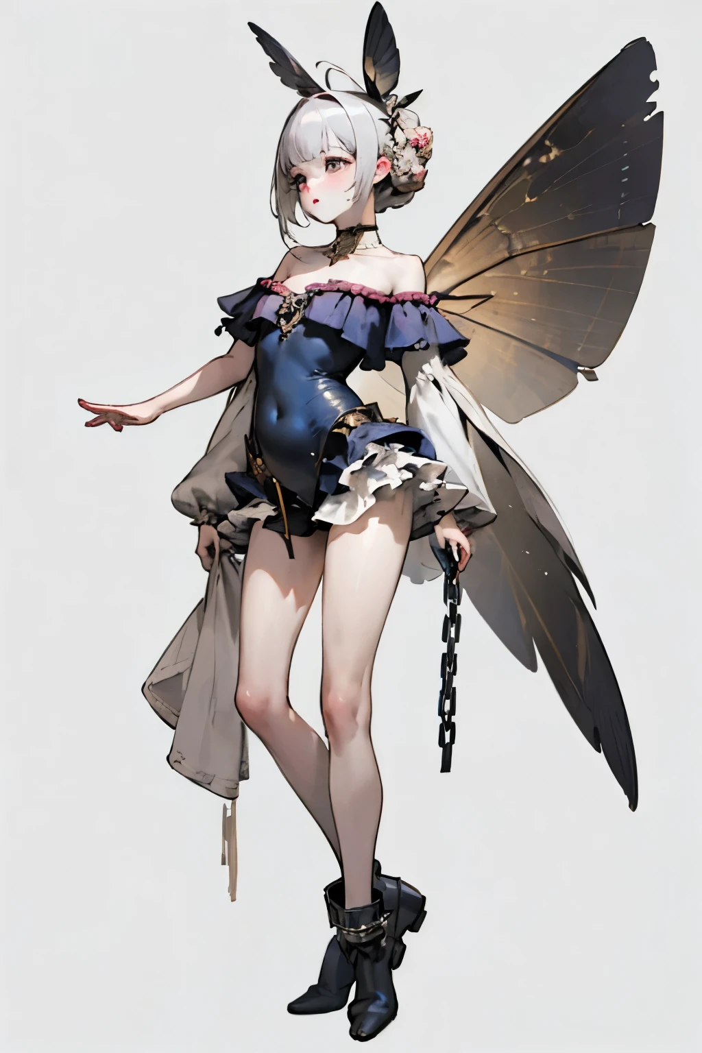 ((best quality)), ((masterpiece)), (detailed), 1girl, off-shoulder, Character design, female, dynamic poses, long white grey hair, grey white eyes, very skinny, detailed, best quality, no accesoires around the neck, no shoes, prominent collarbones, skinny arms, flat stomach, visible hip bones, full body, blank white background, plain background, white background, red and white clothing, Bloodborne inspired, occult aesthetic, occult, detailed and intricate steampunk and detailed gothic, NSFW, Very dramatic and cinematic lighting, cosmic horror, grim-dark, side-lighting, perfect face, NSFW, Fluttering lace flared long knee length dress with frilly petticoats, knee length dress, pleated petticoats, petticoats gothic, complex lace boots, side-lighting, gothic lolita aesthetic, wielding a mighty sword with mechanical components, mandalas, a fairy, various different types of insect wings, NSFW, full body, whole body, body, plain background, white background, blank background, no background, white background NSFW, chains, full body, whole body, head-to-toe NSFW