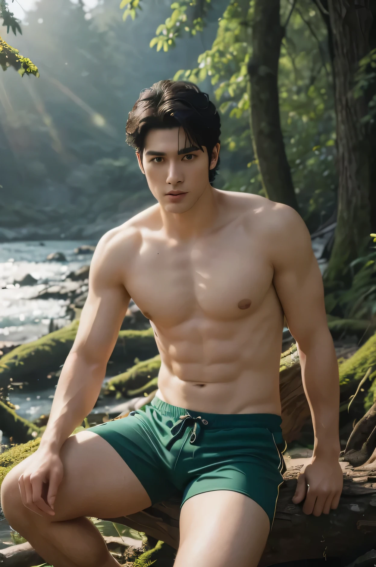 (best quality)), ((masterpiece)), (handsome as young male super star), the perfect face of young male curly black hair as a Japanese hairy man super star((very handsome 25  year old Japanese)) hairy hand and cheese dress  green (very short football pants) no  shirt (shirtless) sitting on the root wood show the face hand hold a cup of coffee under the big tree in the forest near the river, background is sunrise from the Nepal mountain view with snow(((realistic 8k picture from Nikon camera with perfect shot)))