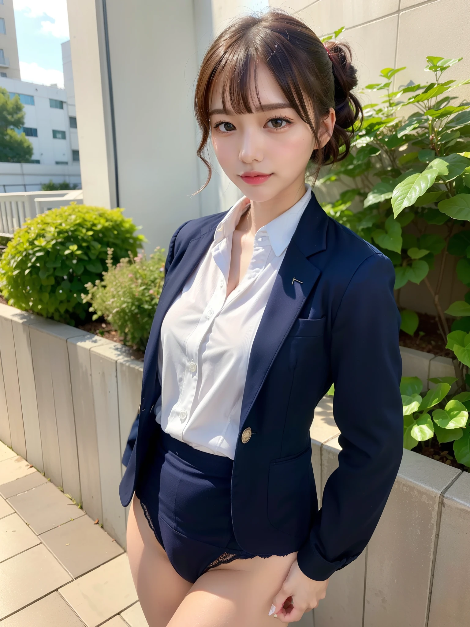 ((Best of the highest quality, 8k, Masterpiece: 1.3, raw photo)), Sharp focus: 1.2, (1 AESPA, slim body type female, 21 y/o: 1.1), (Solo: 1.2), (realistic, photo-realistic:1.37), face focus, cute face, finely eyes, (droopy eyes: 1.32), (Emphasize prominent aegyo-sal with bright: 1.2), shimmering eyeshadow applied under the lower lash line, paired with thick, (from behind: 1.16), (small breasts, flat chest, Thigh: 1.3), (short messy hair, bangs, updo: 1.2), (wearing navy blazer and shirt of school uniform, panties: 1.32), walking terrace office, sun light, flower
