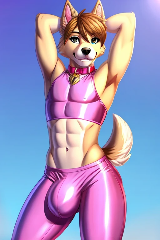 Gay anthro femboy dog with a big bulge in feminine outfit