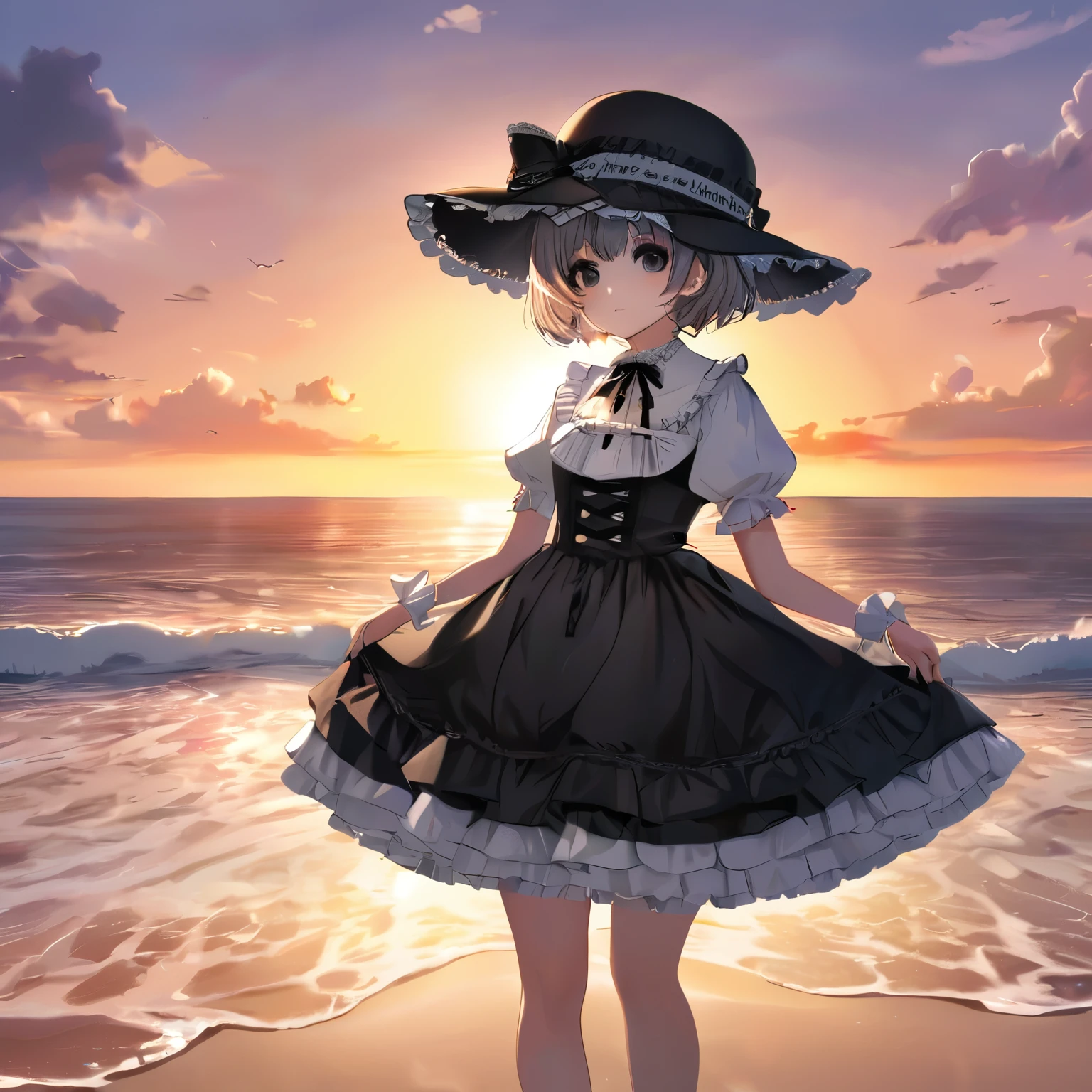 girl, very short hair, white and black lolita dress with hat, black eyes, beach, sunset, fantasy