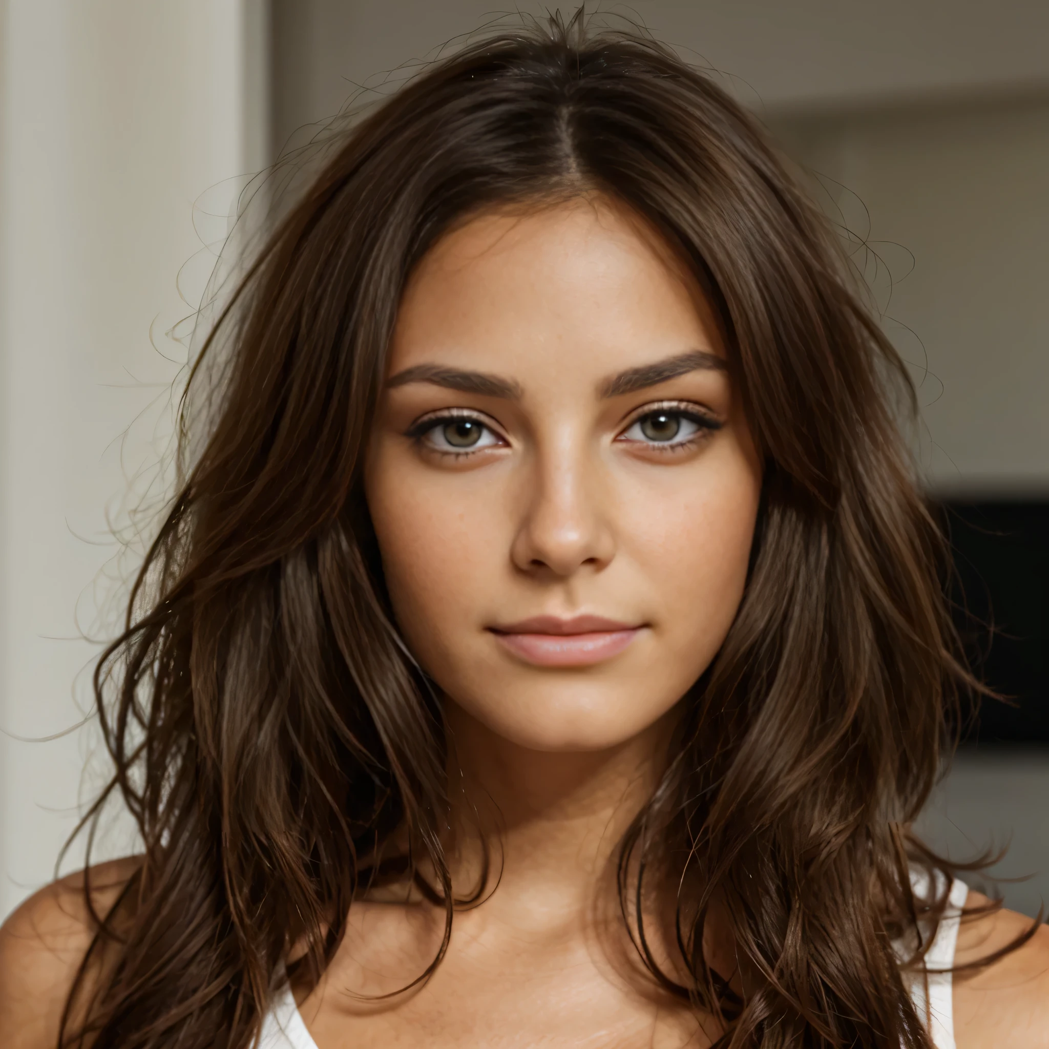 Brune, yeux marron, frizzy hair, de face