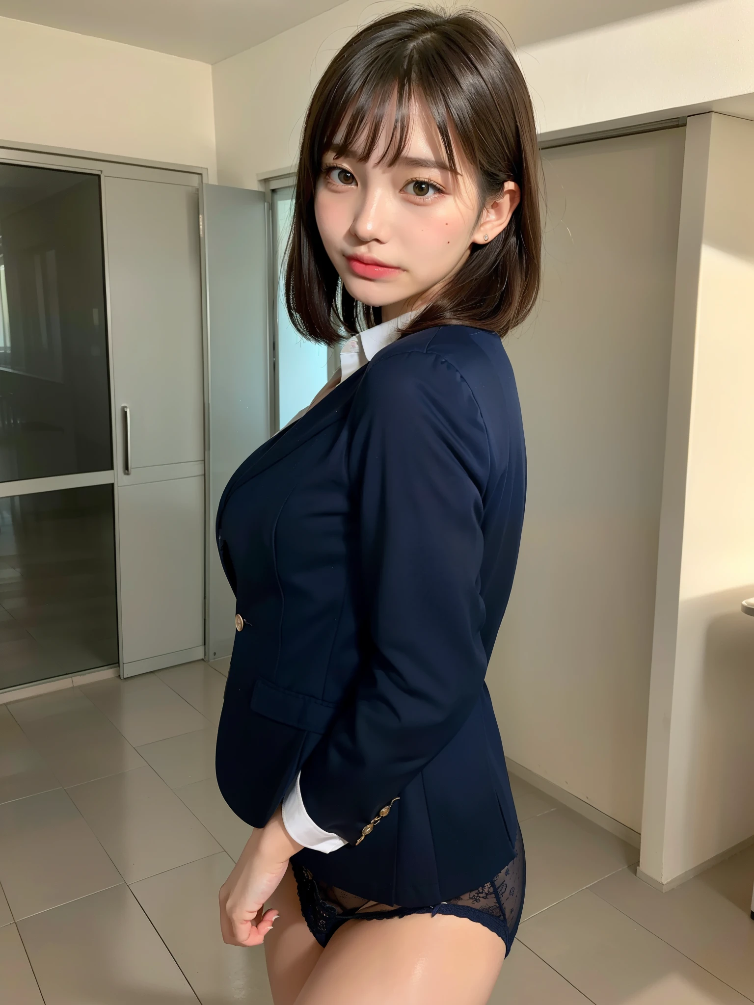 ((Best of the highest quality, 8k, Masterpiece: 1.3, raw photo)), Sharp focus: 1.2, (1 AESPA, slim body type female, 21 y/o: 1.1), (Solo: 1.2), (realistic, photo-realistic:1.37), face focus, cute face, finely eyes, (droopy eyes: 1.32), (Emphasize prominent aegyo-sal with bright: 1.2), shimmering eyeshadow applied under the lower lash line, paired with thick, (from behind: 1.16), (small breasts, flat chest, Thigh: 1.3), (short bob, bangs: 1.2), (wearing navy blazer and shirt of school uniform, panties: 1.32), walking terrace office, sun light, flower