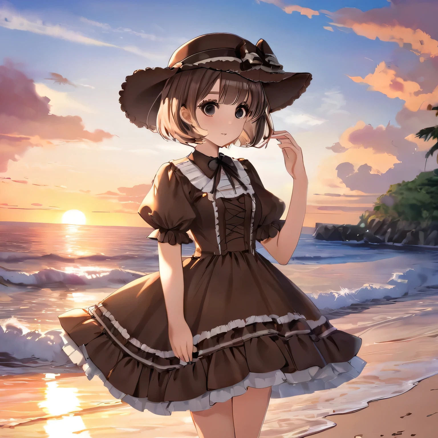 girl, very short hair, brown lolita dress with hat, black eyes, beach, sunset, fantasy