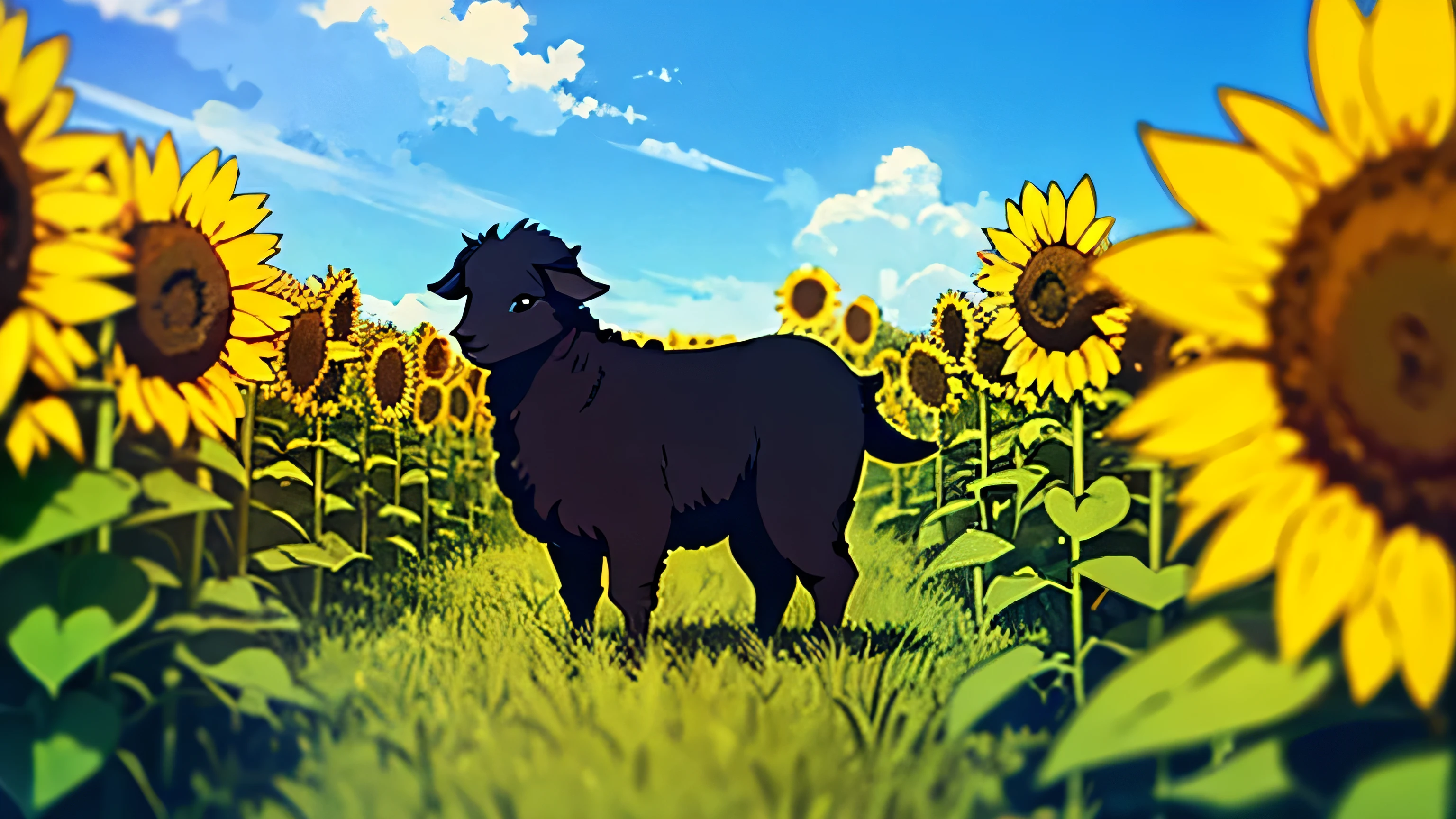 Cartoon-style image of a single black sheep in a field of sunflowers under a blue sky.