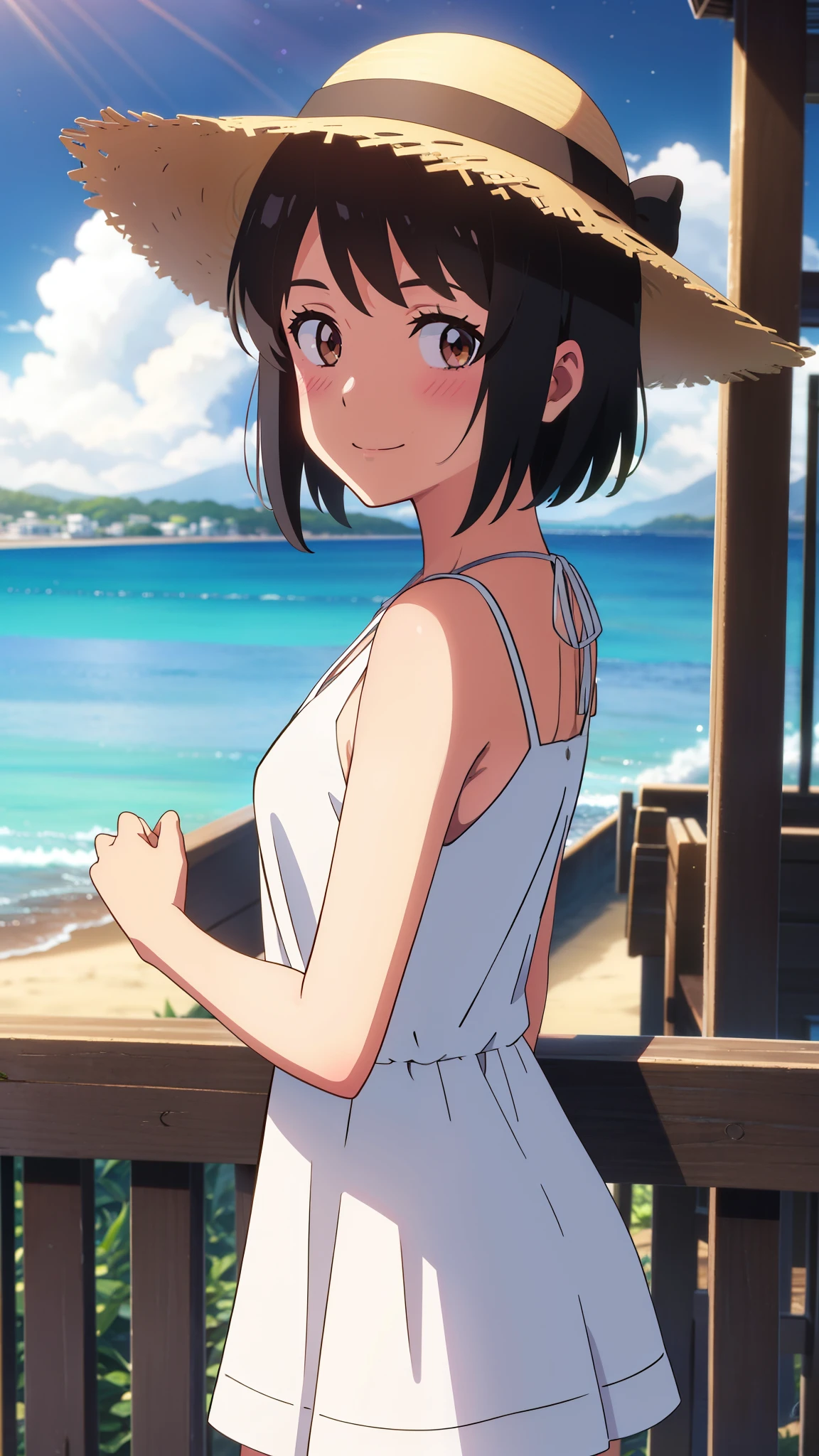 shinkai makoto, kimi no na wa., 1girl, bangs, black hair, blush, brown eyes, white dress, white skirt, straw hat, short hair, smile, cute, solo, looking at viewer, outdoors, night, summer night, beach, cloudy, dynamic light, upper body, cowboy shot, masterpiece