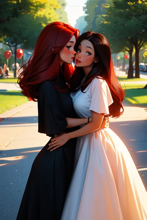 A pretty red haired woman with red eyes and an hourglass figure in a pretty summer dress is kissing a stunning black haired woman with brown eyes with an hourglass figure in a park