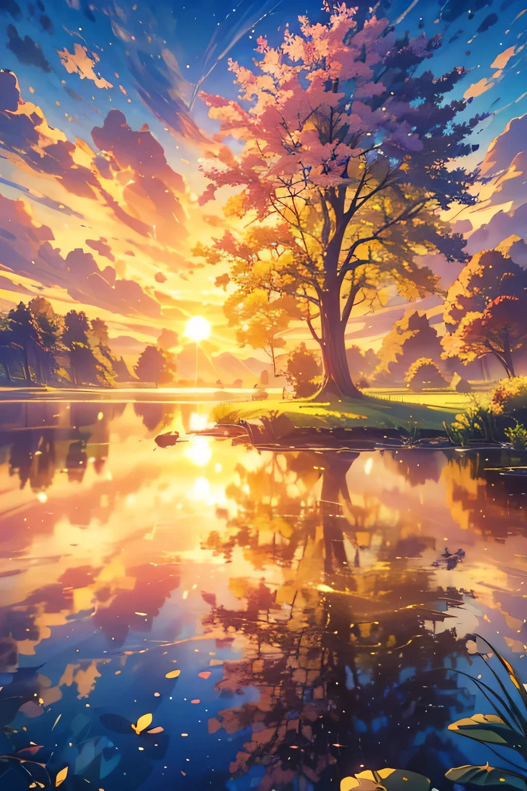 (best quality,4k,8k,highres,masterpiece:1.2),ultra-detailed,(realistic,photorealistic,photo-realistic:1.37),sunset,illustration,oil painting,beautifully detailed scene,vibrant colors,soft lavender sky,orange,red,yellow,lilac,purple,green,blue,scenic garden with flourishing flowers,serene atmosphere,gentle breeze,birds flying freely,majestic trees standing tall,sun slowly setting on the horizon,captivating view of nature,tranquil reflection in a small pond,colorful rays of sunlight shining through the leaves,golden sunlight casting a warm glow,peaceful and serene mood,magical harmony of colors,unforgettable and mesmerizing scenery