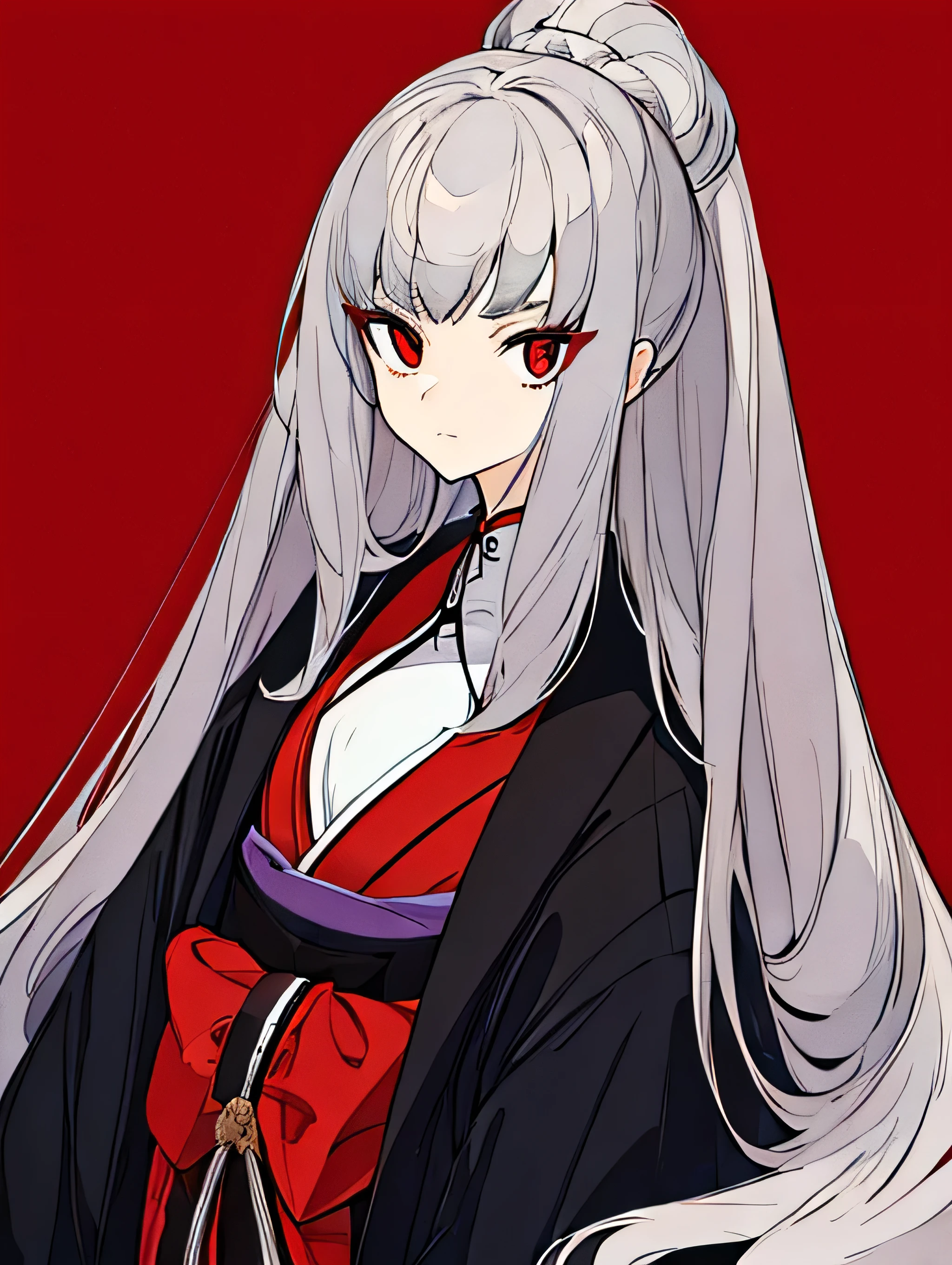 (high quality),(masterpiece),Gray Hair,Girl,Poker face,flat chest,Black Kimono,serious,solo,coat,red eyes