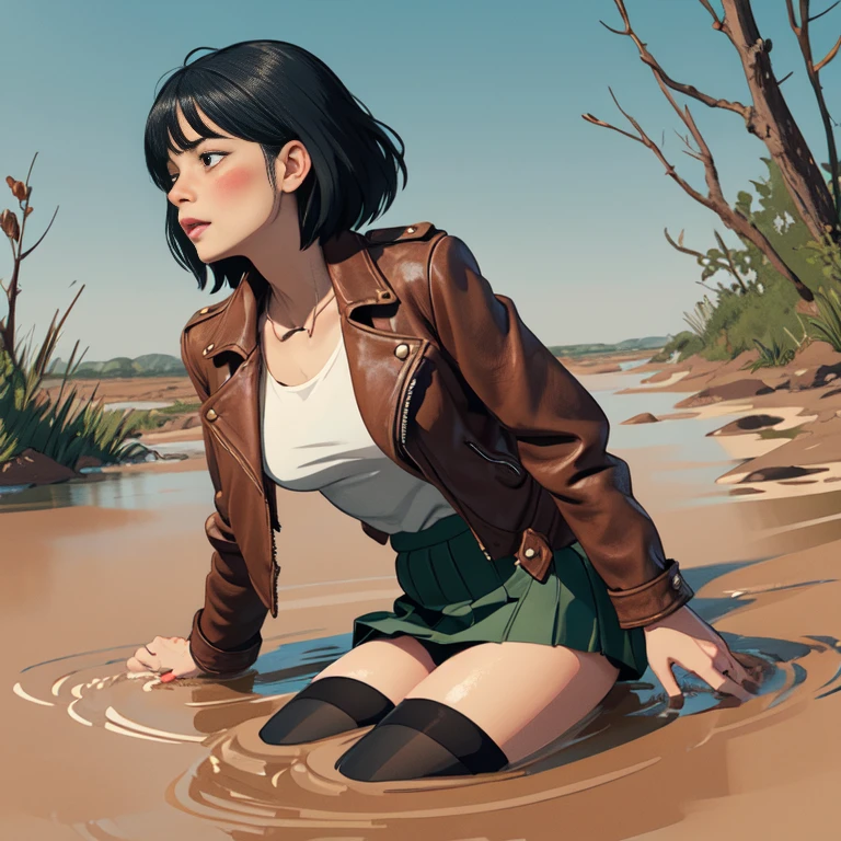 (Vector image:1.3) of (Simple illustration:1.3), woman in a faded leather jacket, skirt, stockings with garters, drowning in a quicksand bog, blush, provocative, horny, dry-humping, red, green, blue, black