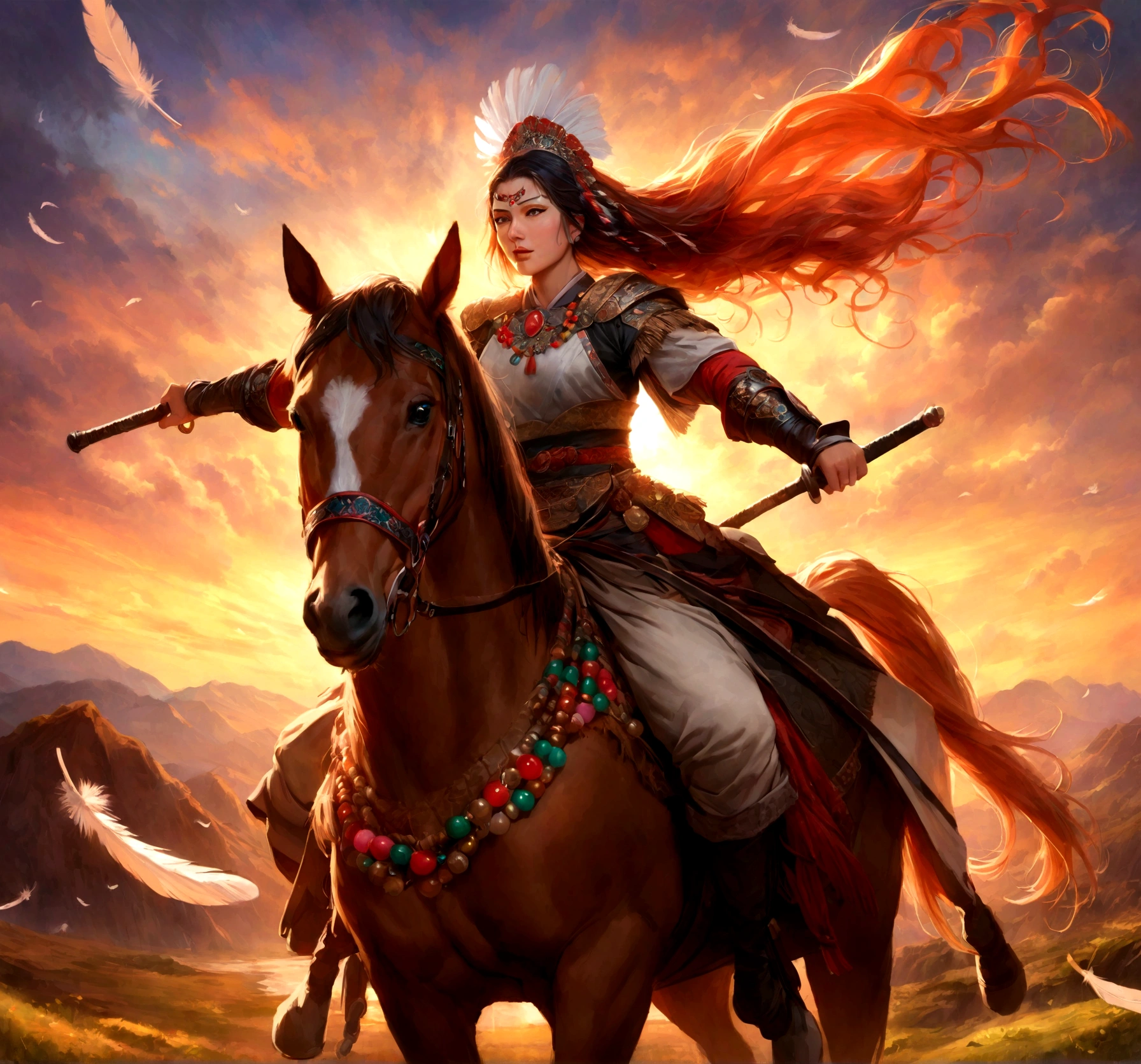 (best quality,realistic),traditional horse riding gear,historical setting,colorful jewelry,ornate headdress,flowing hair,strong and confident pose,beautiful landscape,proud expression,vibrant colors,rich cultural heritage,epic battle scene,warrior princess vibes,sunset lighting,feathers and beads.