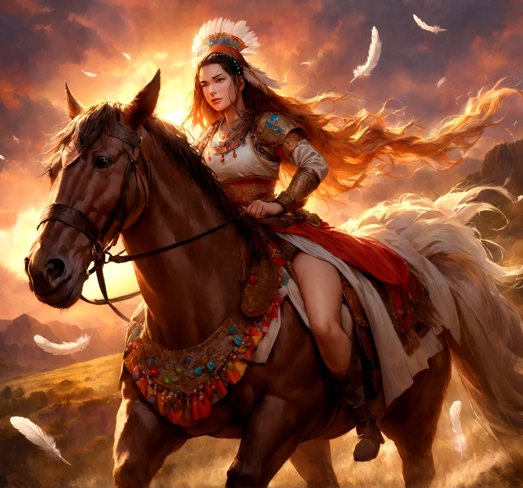 (best quality,realistic),traditional horse riding gear,historical setting,colorful jewelry,ornate headdress,flowing hair,strong and confident pose,beautiful landscape,proud expression,vibrant colors,rich cultural heritage,epic battle scene,warrior princess vibes,sunset lighting,feathers and beads.