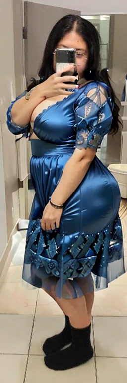 araffe woman taking a selfie in a blue dress in a bathroom, wearing blue dress, long blue dress, blue dress, wearing a blue dress, a blue dress, full covered dress, sky - blue dress, wearing a plastic blue dress, in blue dress, posing!!, belly free teal dress, dressed in blue, laced dress, flattering photo, Big tits, huge tits, no clothes, sexy, cute, wide hips, thick thighs, pear-shaped body, minimal clothes, thick, bbw, chubby stomach, thick nipples, nipple piercings, large areola, hard nipples, piercing through shirt, nipples hard through shirt, thick hips, minimal clothes, work out girl, low cut v neck shirt with cleavage, fat chubby stomach, bikini, fat round stomach, from side