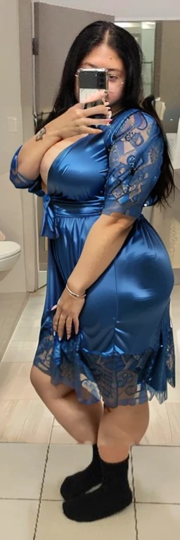 araffe woman taking a selfie in a blue dress in a bathroom, wearing blue dress, long blue dress, blue dress, wearing a blue dress, a blue dress, full covered dress, sky - blue dress, wearing a plastic blue dress, in blue dress, posing!!, belly free teal dress, dressed in blue, laced dress, flattering photo, Big tits, huge tits, no clothes, sexy, cute, wide hips, thick thighs, pear-shaped body, minimal clothes, thick, bbw, chubby stomach, thick nipples, nipple piercings, large areola, hard nipples, piercing through shirt, nipples hard through shirt, thick hips, minimal clothes, work out girl, low cut v neck shirt with cleavage, fat chubby stomach, bikini, fat round stomach, from side