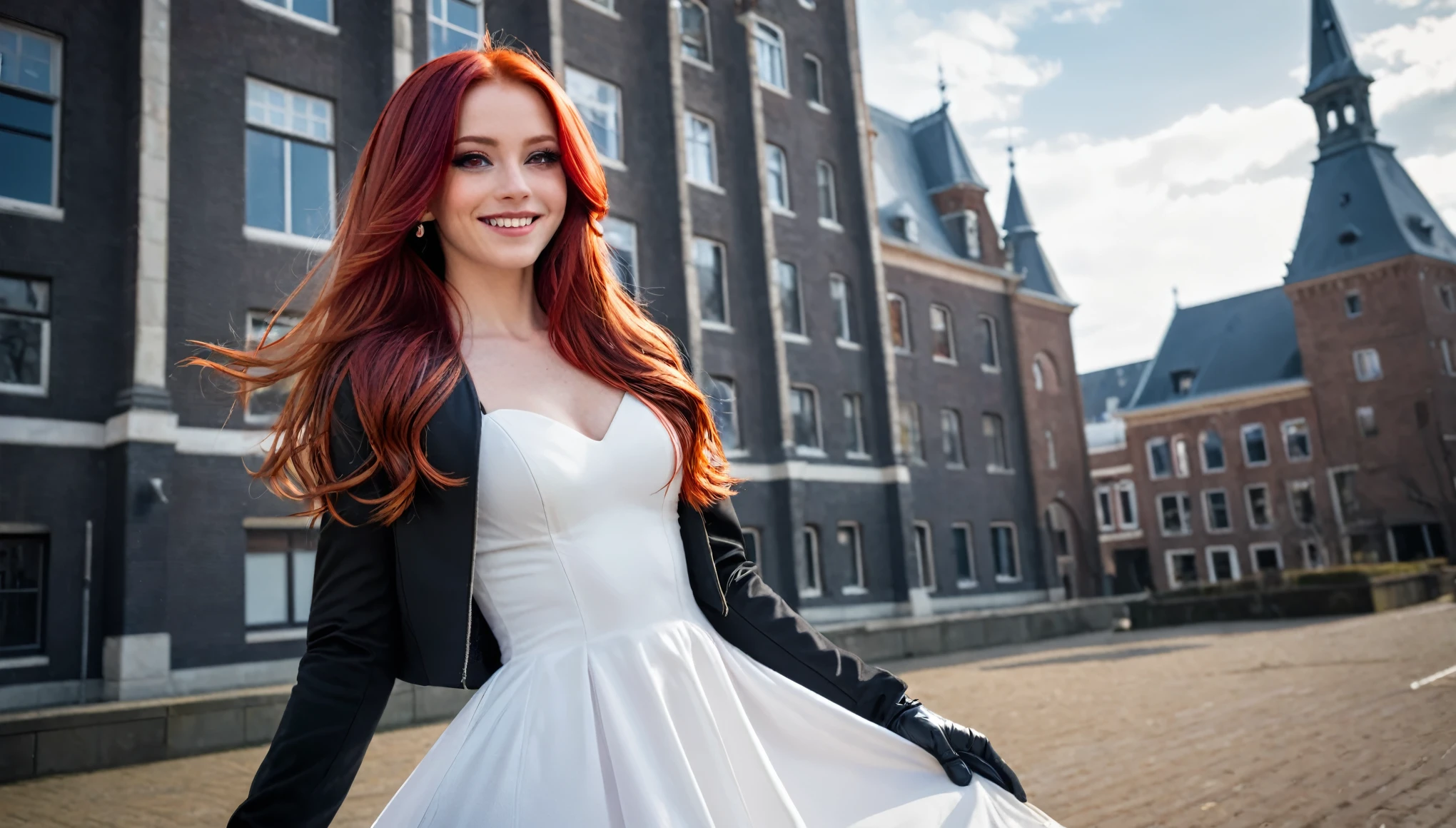 ((masterpiece,best quality)),8k wallpaper,1girl, long hair, red hair, solo, dress, red eyes, looking at viewer, long sleeves, standing, building, white dress, gloves, hair ornament, black jacket, smile, floating hair, dutch angle, closed mouth, looking away, outdoors
