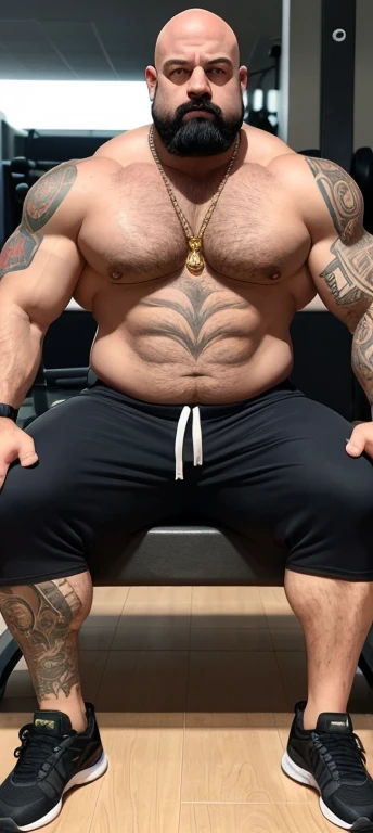 There's a man sitting on a bench in a gym, em uma academia, heavy appearance, encorpado, He's strong, He's chubby, muscular, He's bald with a mustache, barba a fazer, negro, encorpado, parrudo, ele tem cerca de 58 anos de idade, ele tem cerca de 58 anos, coxas grandes, malhar, Gold neckband earphones, watch bracelet full body tattoos