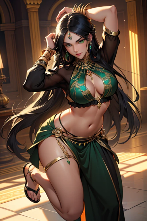 (masterpiece, Best quality, a high resolution, ultra detailed),(Beautiful and aesthetically pleasing:1.2), detailed eyes and face, whole body, 1 woman, adult, (black long hair), (green eyes), female body, Beautiful body, perfect body,  harem suit, belly dancing costume, harem, dancer, sandals, belly dance 
