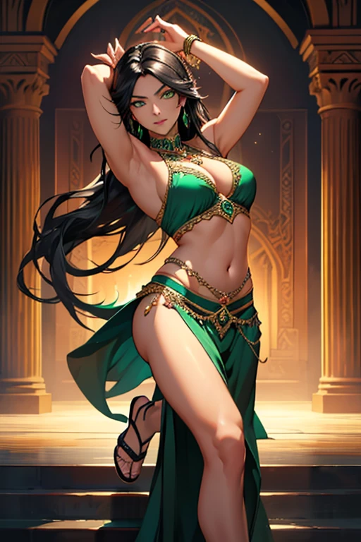 (masterpiece, Best quality, a high resolution, ultra detailed),(Beautiful and aesthetically pleasing:1.2), detailed eyes and face, whole body, 1 woman, adult, (black long hair), (green eyes), female body, Beautiful body, perfect body, harem suit, belly dancing costume, harem, dancer, sandals, belly dance