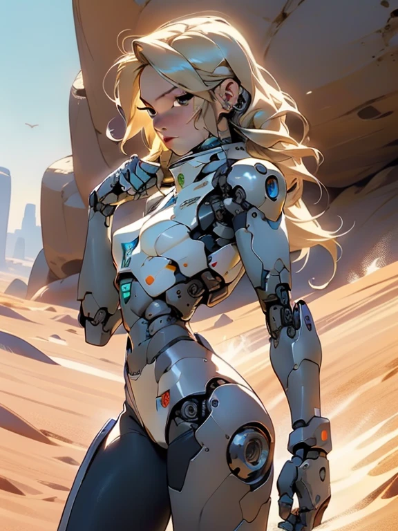 high quality, 4k, masterpiece, beautiful, cyborg girl, cowboy shot, dull eyes, back side, turning around to look at viewer, long blonde hair, girl, small breasts, fit thigh, robotic arms, robotic body, cyborg body, yellow accent, redaccent, intricate detail, joint, detailed lines, robotic detail, holding fist up, holding hand up as fist, color robotic parts, robotic parts with color, perfect fingers, on a desert planet, sunny background, colorful desert,