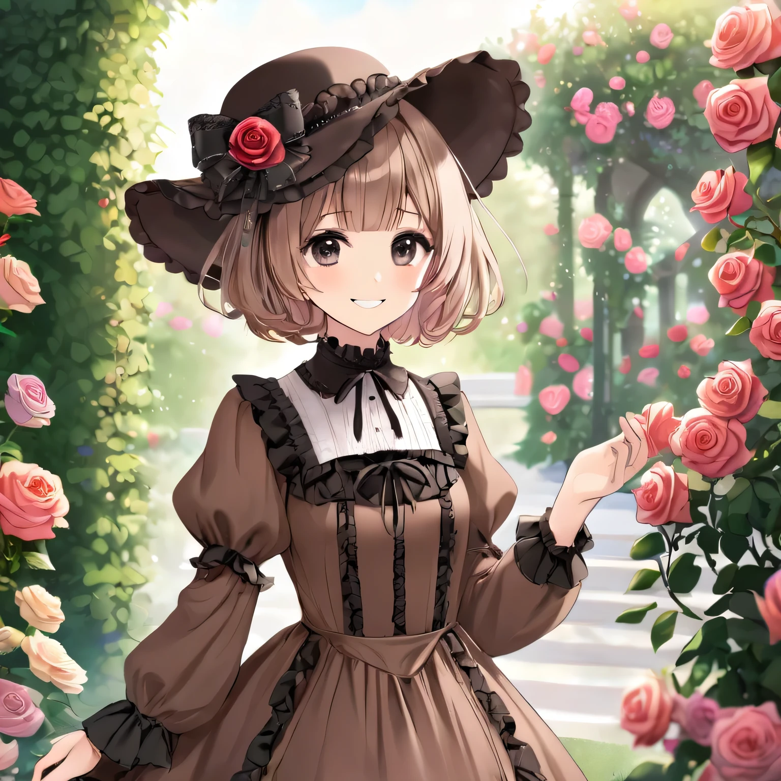 girl, short hair, brown maxi lolita dress with hat, black eyes, rose garden, fantasy, smile