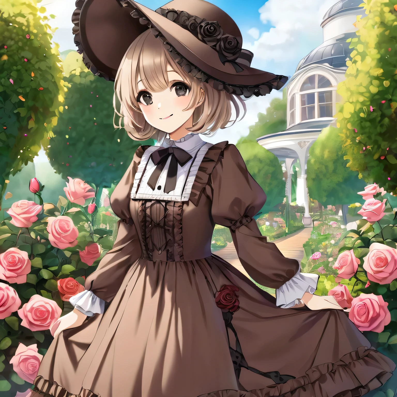 girl, short hair, brown maxi lolita dress with hat, black eyes, rose garden, fantasy, smile