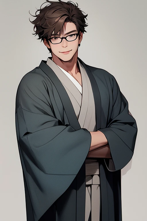 48-year-old boy, 1 person, Warm Skin, reddish brown eyes, Mature Face, whole bodyの肖像画, Short brown hair, Face focus, Adult, kimono, ((Bare chest:0.7)), Plain Kimono, A haggard smile, Fatigue, highest quality, Facial details., whole body, Lean body type, ((Are thin)), Glasses, Shaggy Hair, Perm, whole body, Thin chest